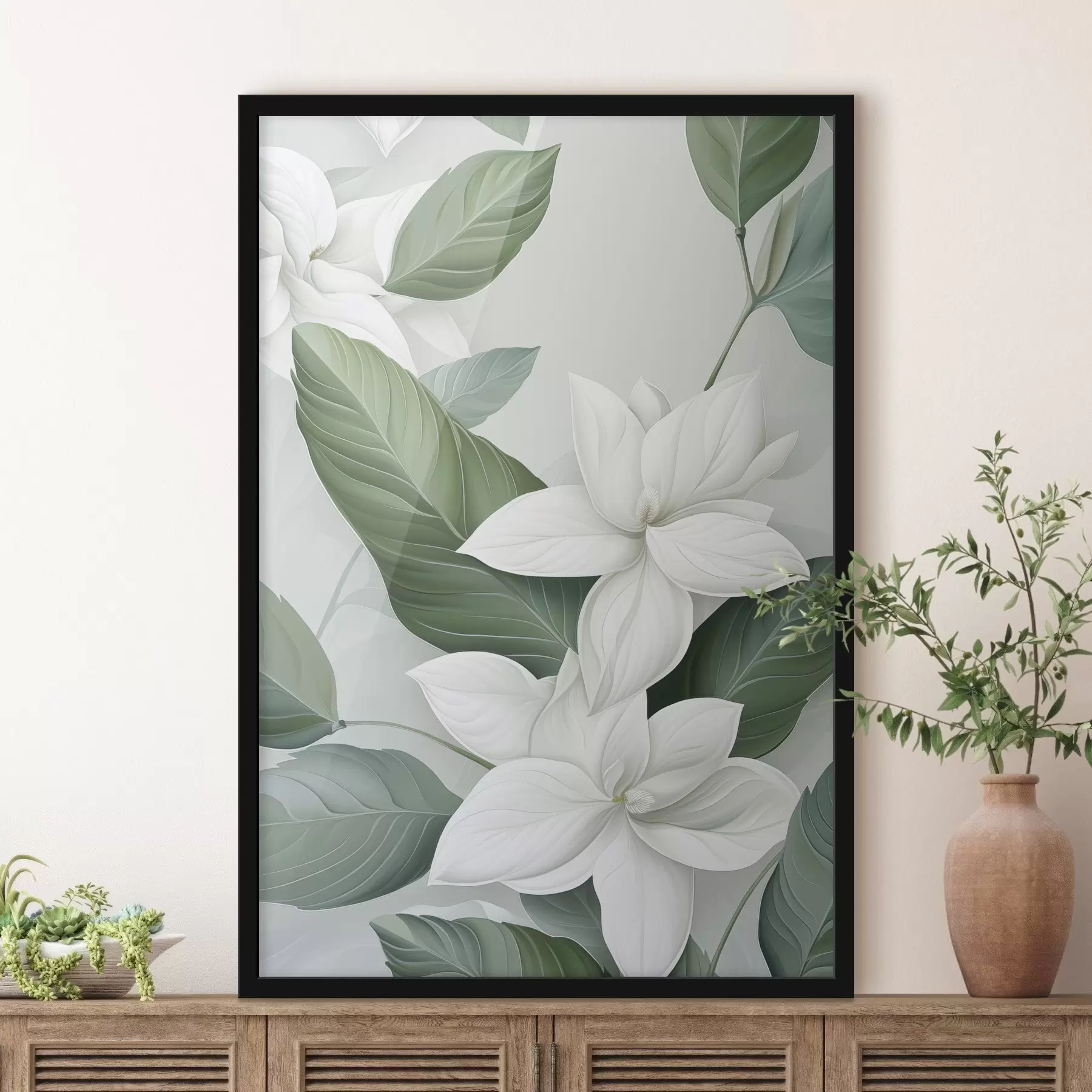 Papier peint Fleurs blanches avec feuilles vertes, fond pastel f47869