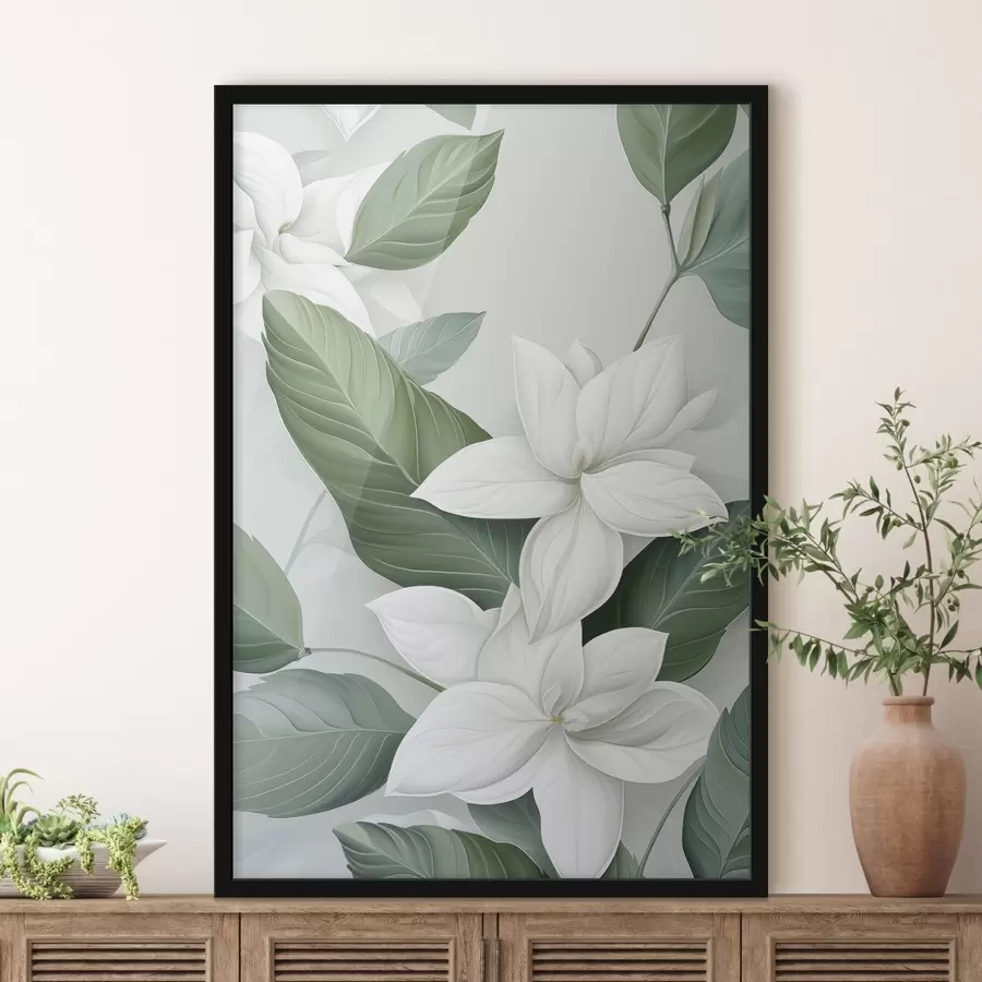 Papier peint Fleurs blanches avec feuilles vertes, fond pastel f47869