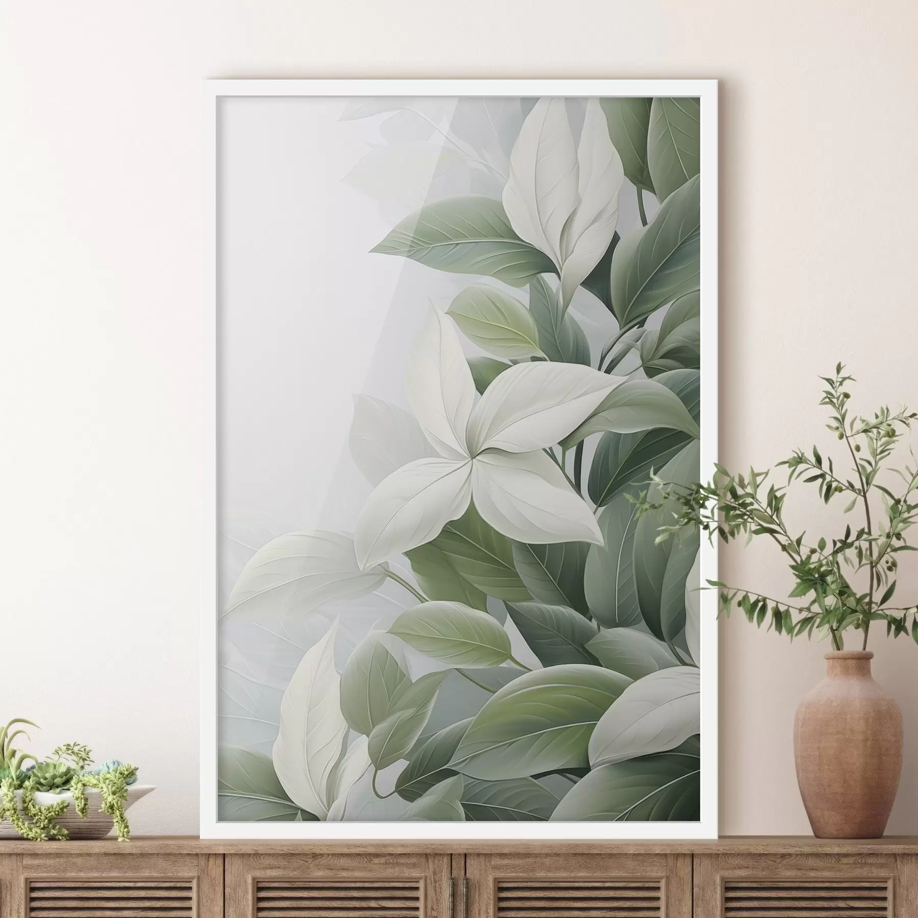 Papier peint Fleurs blanches avec feuilles vertes, fond pastel f47870