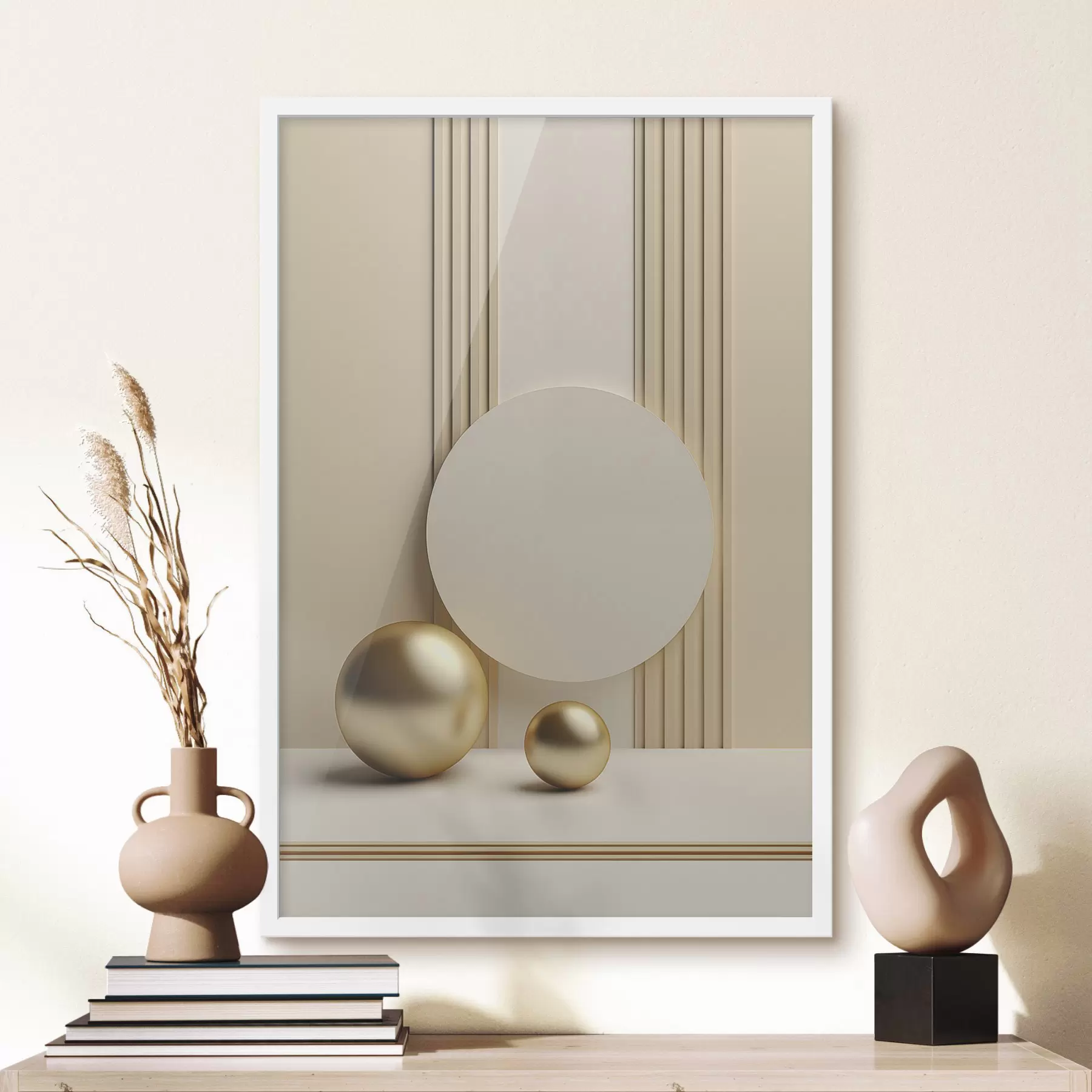 Papier peint Art moderne abstrait beige avec lignes verticales et sphères f47872