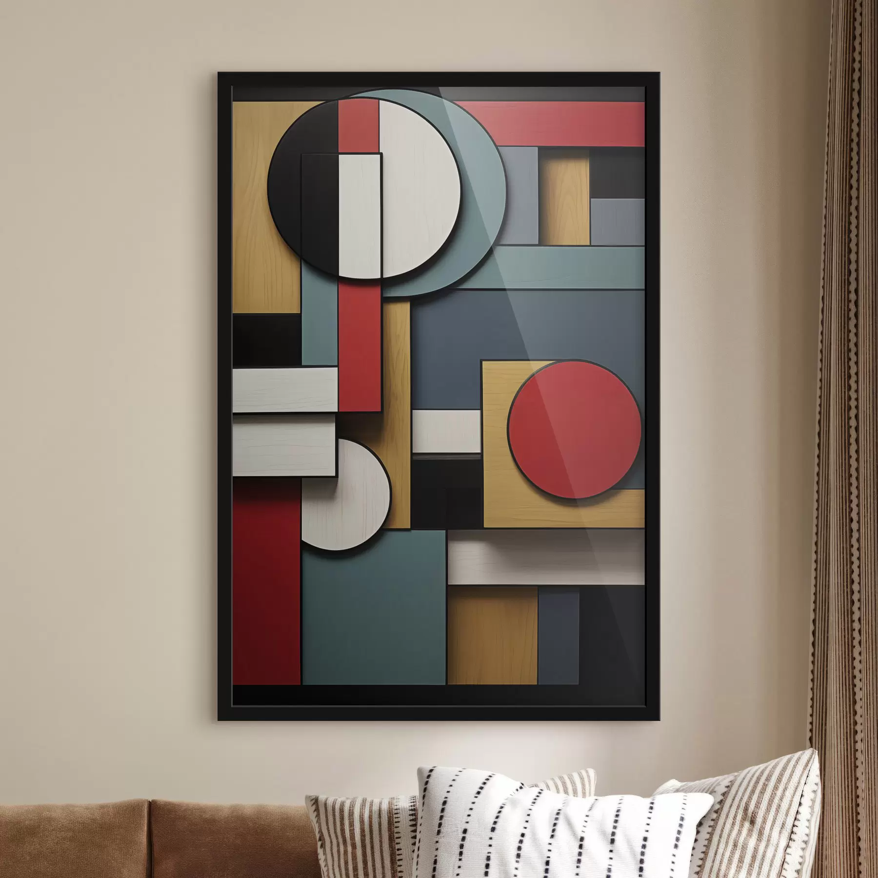 Papier peint Composition géométrique abstraite avec imitation de texture bois, rectangles et cercles rouges, noirs, blancs et bleu sarcelle f47875