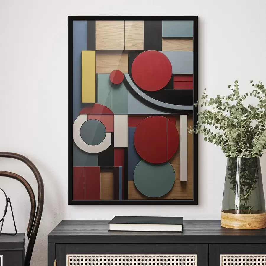 Papier peint Composition géométrique abstraite avec imitation de texture bois, rectangles et cercles rouges, noirs, blancs et bleu sarcelle f47876