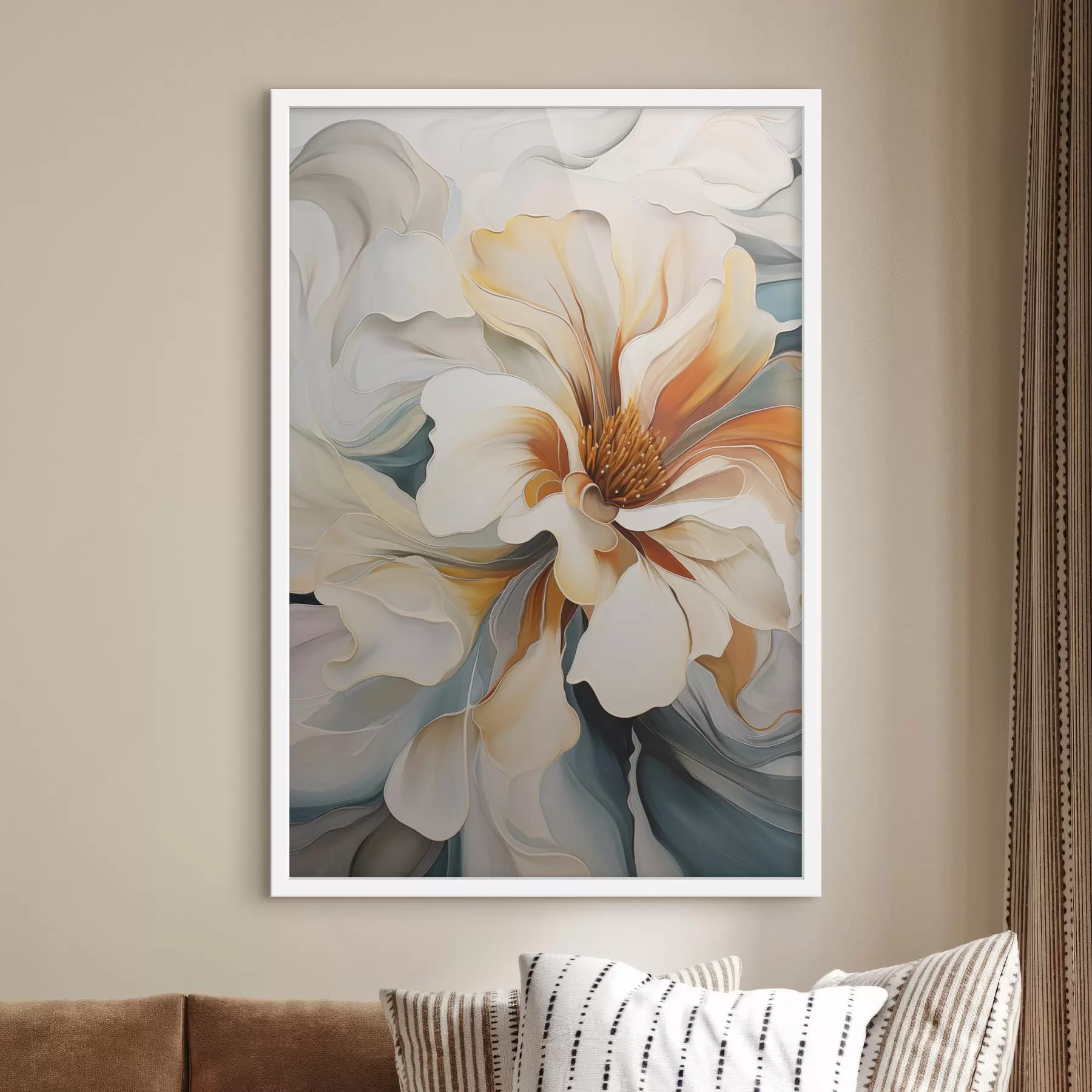 Papier peint Fleur abstraite de grande taille avec des pétales blancs, orange et bleu sarcelle, fond texturé f47877