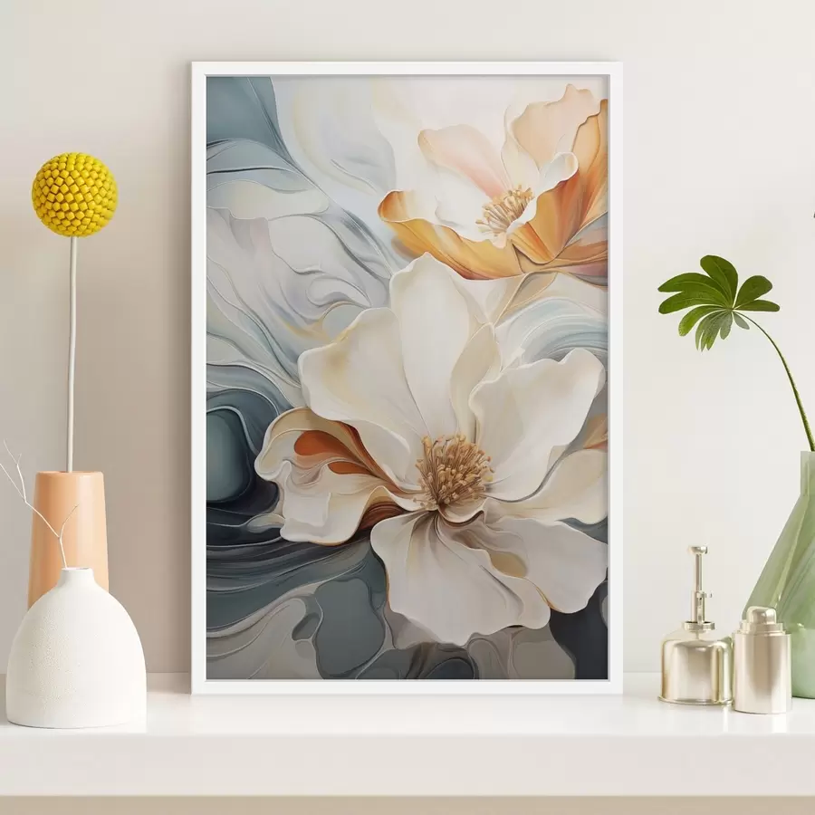 Papier peint Fleur abstraite de grande taille avec des pétales blancs, orange et bleu sarcelle, fond texturé f47878