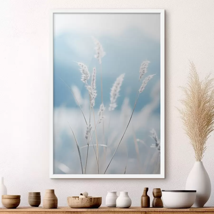 Papier peint Herbe blanche et duveteuse sur fond de ciel bleu pâle, avec une faible profondeur de champ f47880