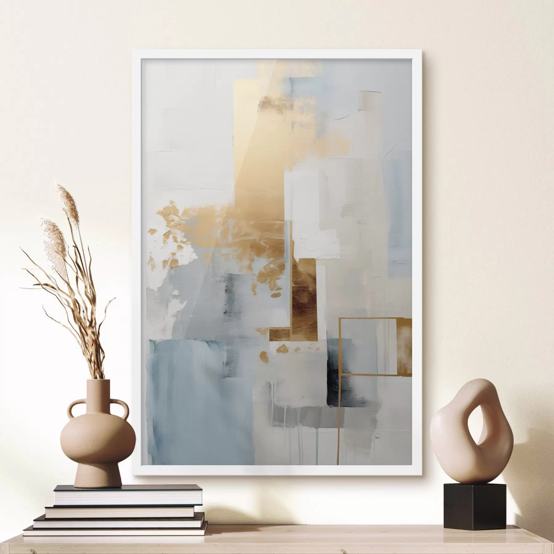 Papier peint Formes géométriques abstraites aux couleurs jaune, bleu et blanc, composition texturée et minimaliste f47881