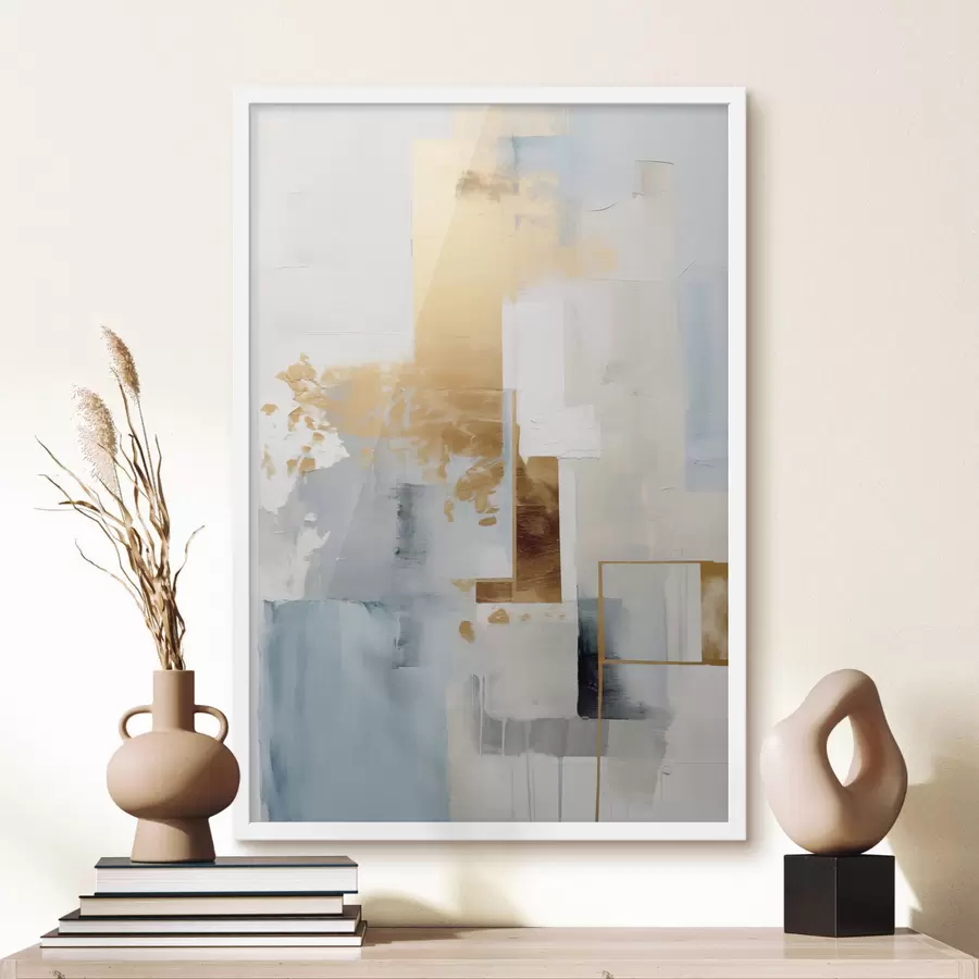 Papier peint Formes géométriques abstraites aux couleurs jaune, bleu et blanc, composition texturée et minimaliste f47881