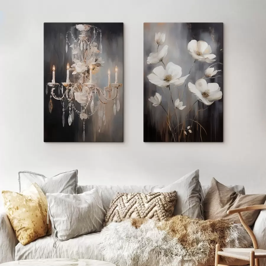 Tableau Lustre abstrait orné de bougies allumées et de motifs floraux, sur fond sombre et texturé. m30049