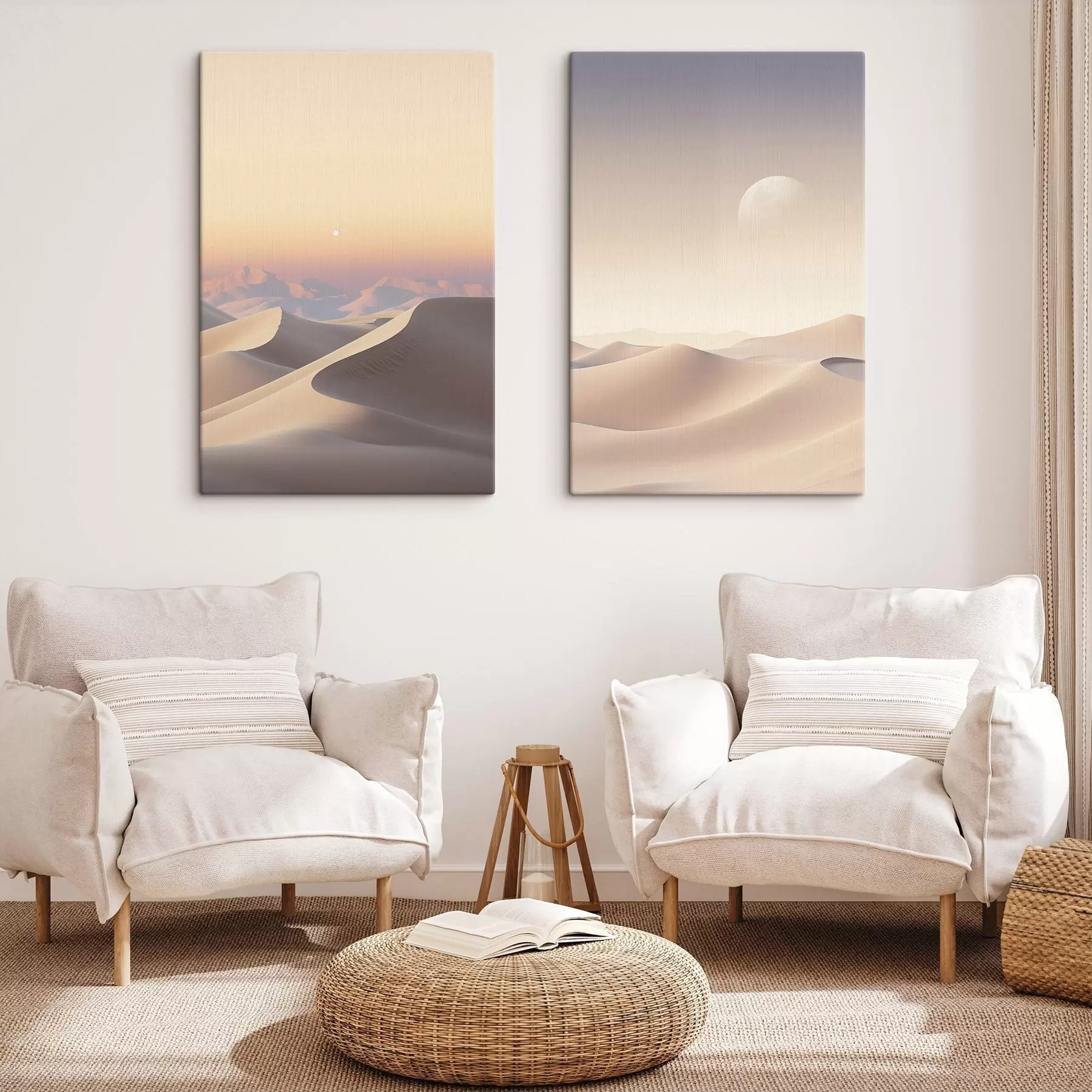 Tableau Un paysage désertique avec des dunes de sable ondulantes sous un ciel pastel doux, des montagnes lointaines en arrière-plan. m30053