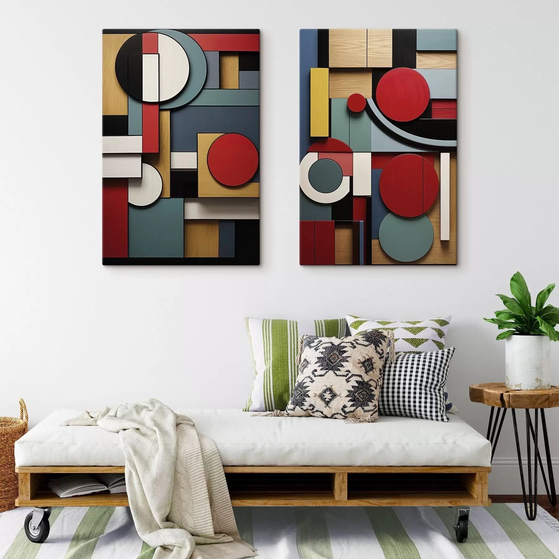 Tableau Composition géométrique abstraite avec imitation de texture bois, rectangles et cercles rouges, noirs, blancs et bleu sarcelle m30058