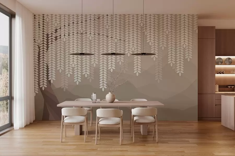 Papier peint Saule stylisé avec des feuilles pendantes sur fond de montagnes minimalistes dans des tons café. w05232v2
