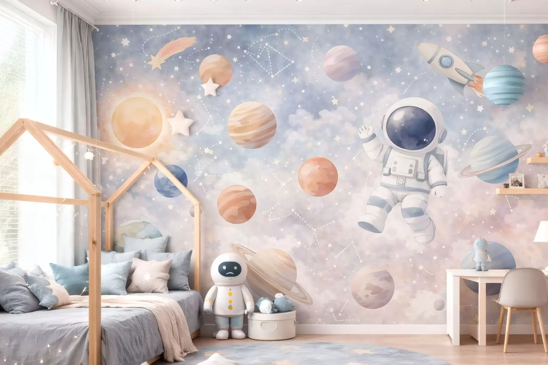 Papier peint un petit astronaute parmi les planètes et les étoiles w05233