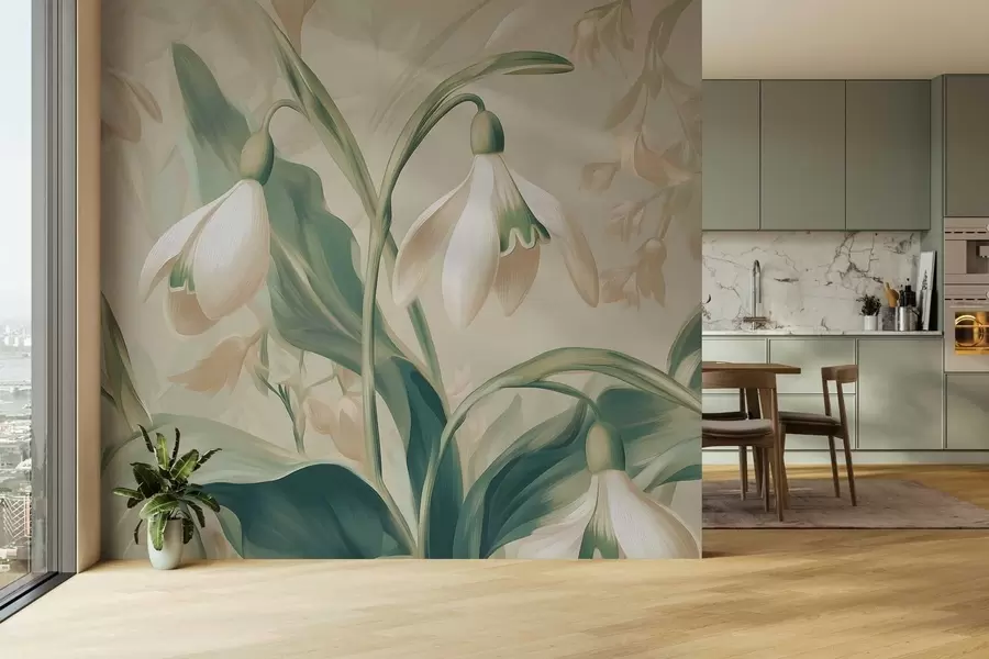 Papier peint perce-neige en fleurs sur fond beige w05234