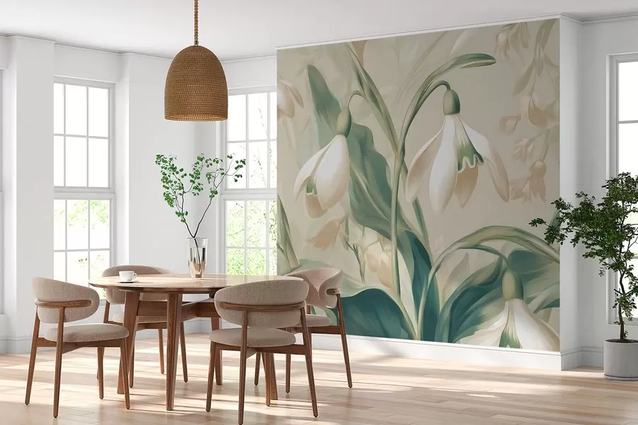 Papier peint perce-neige en fleurs sur fond beige w05234