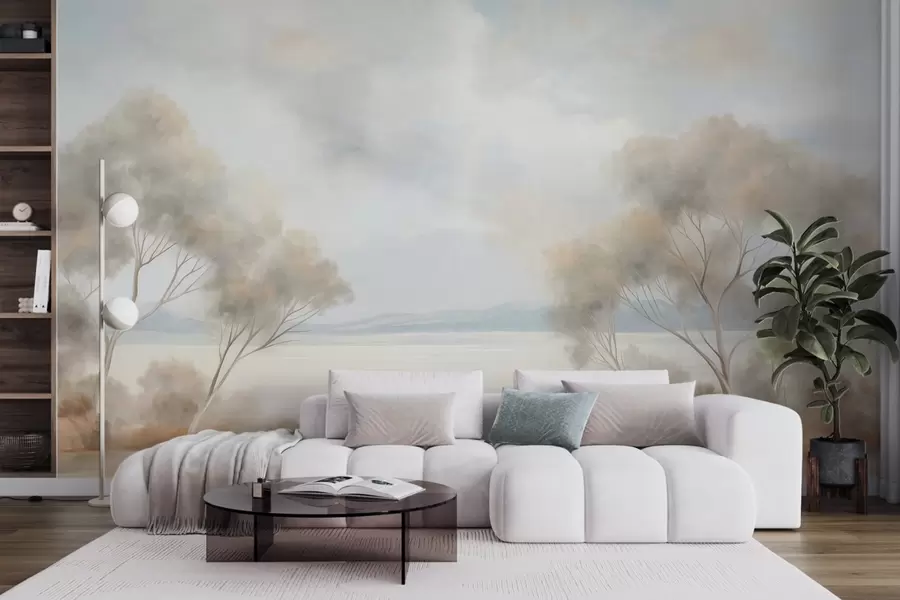 Papier peint Une peinture de paysage texturée représentant des arbres sous un ciel nuageux w09753