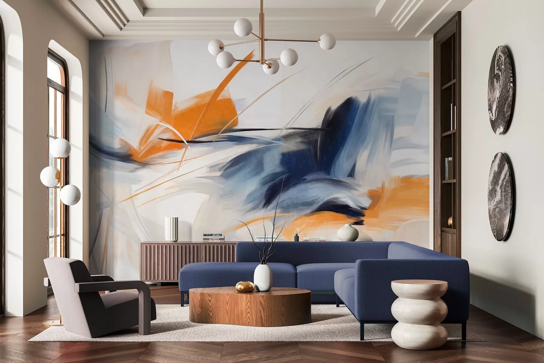 Papier peint Style de peinture abstraite avec des coups de pinceau texturés orange et bleus w09755