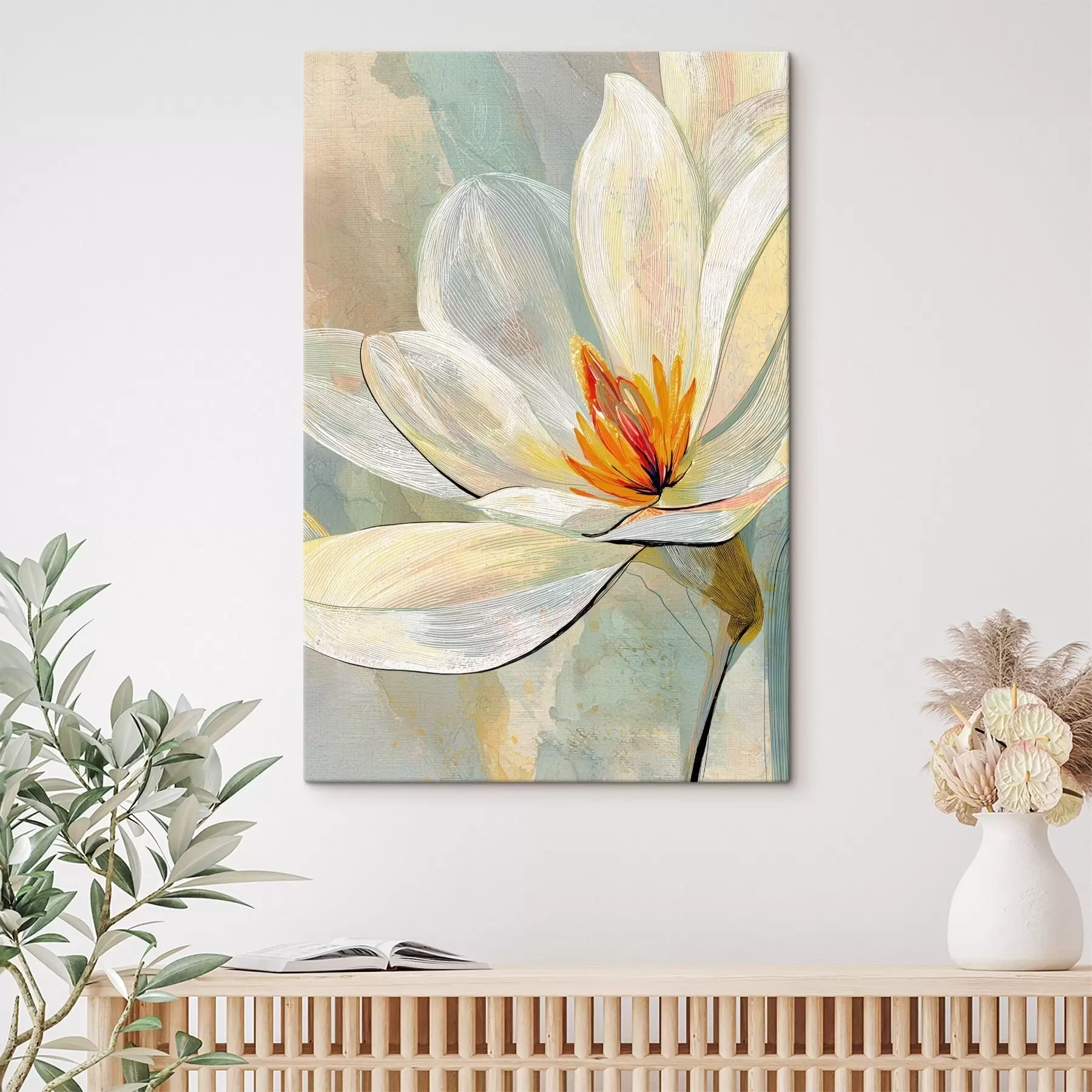 Tableau Magnolias abstraits dans une palette pastel mettant l'accent sur les graphismes linéaires s47970