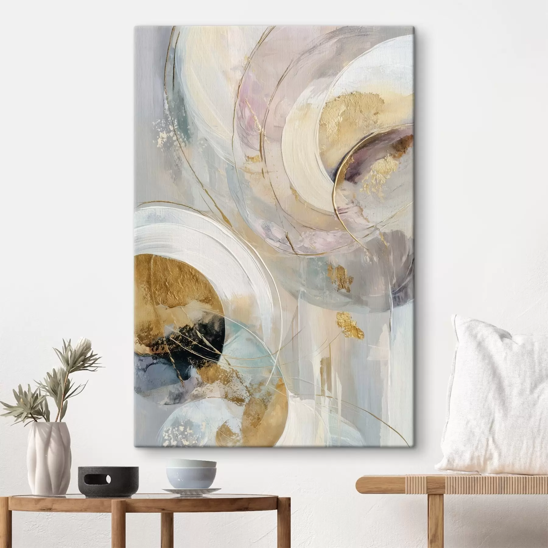 Tableau Composition avec des éléments circulaires superposés et des coups de pinceau s47983