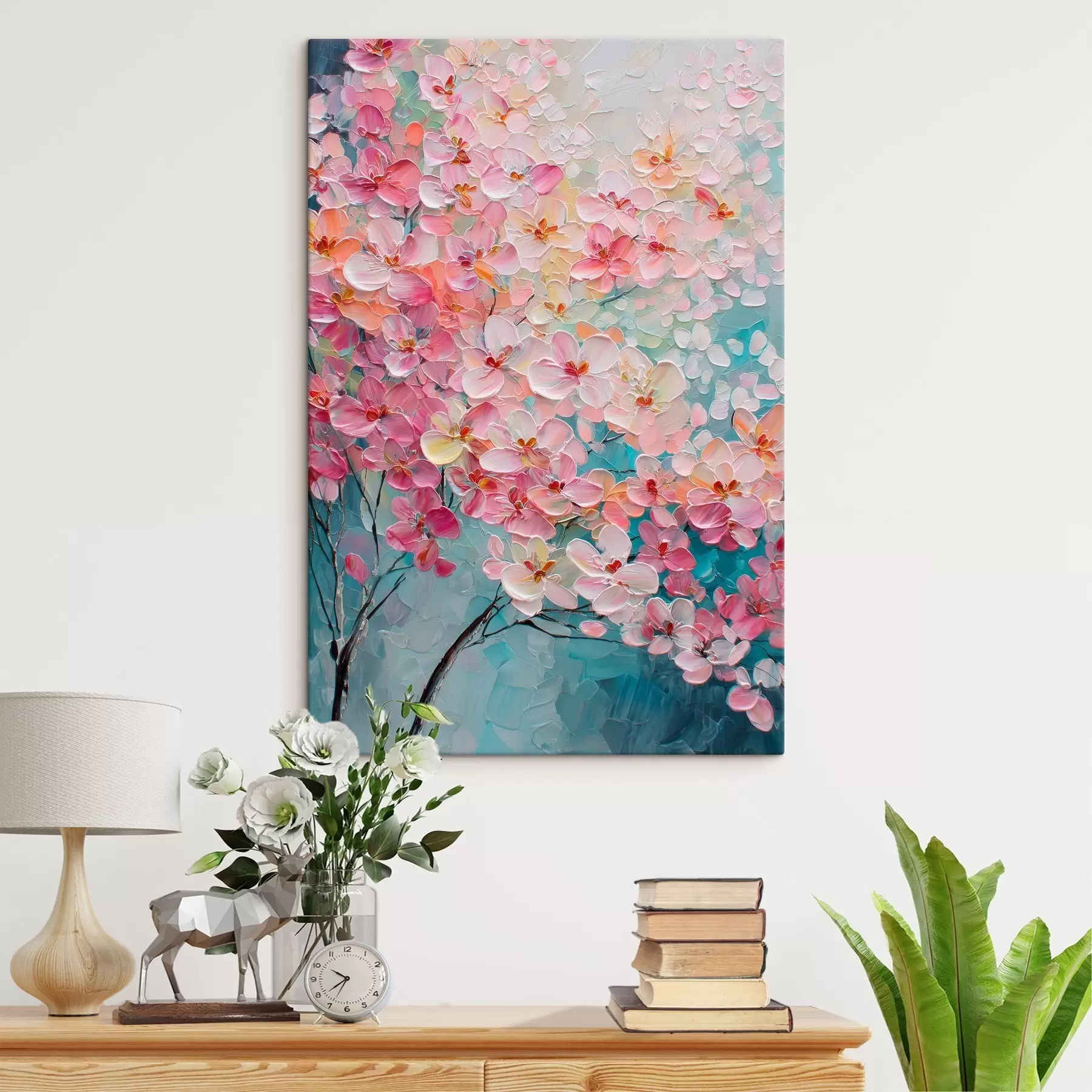 Tableau Branche avec des fleurs roses sur fond bleu dans un style peinture à l'huile s47987