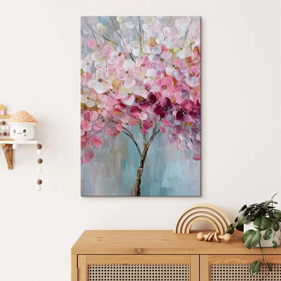 Tableau De délicates fleurs roses se détachent sur un ciel clair. s47988