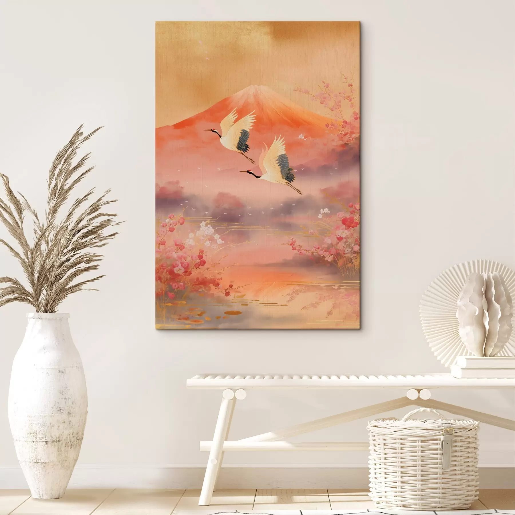 Tableau Motif oriental traditionnel avec fleurs de cerisier et grues s47991