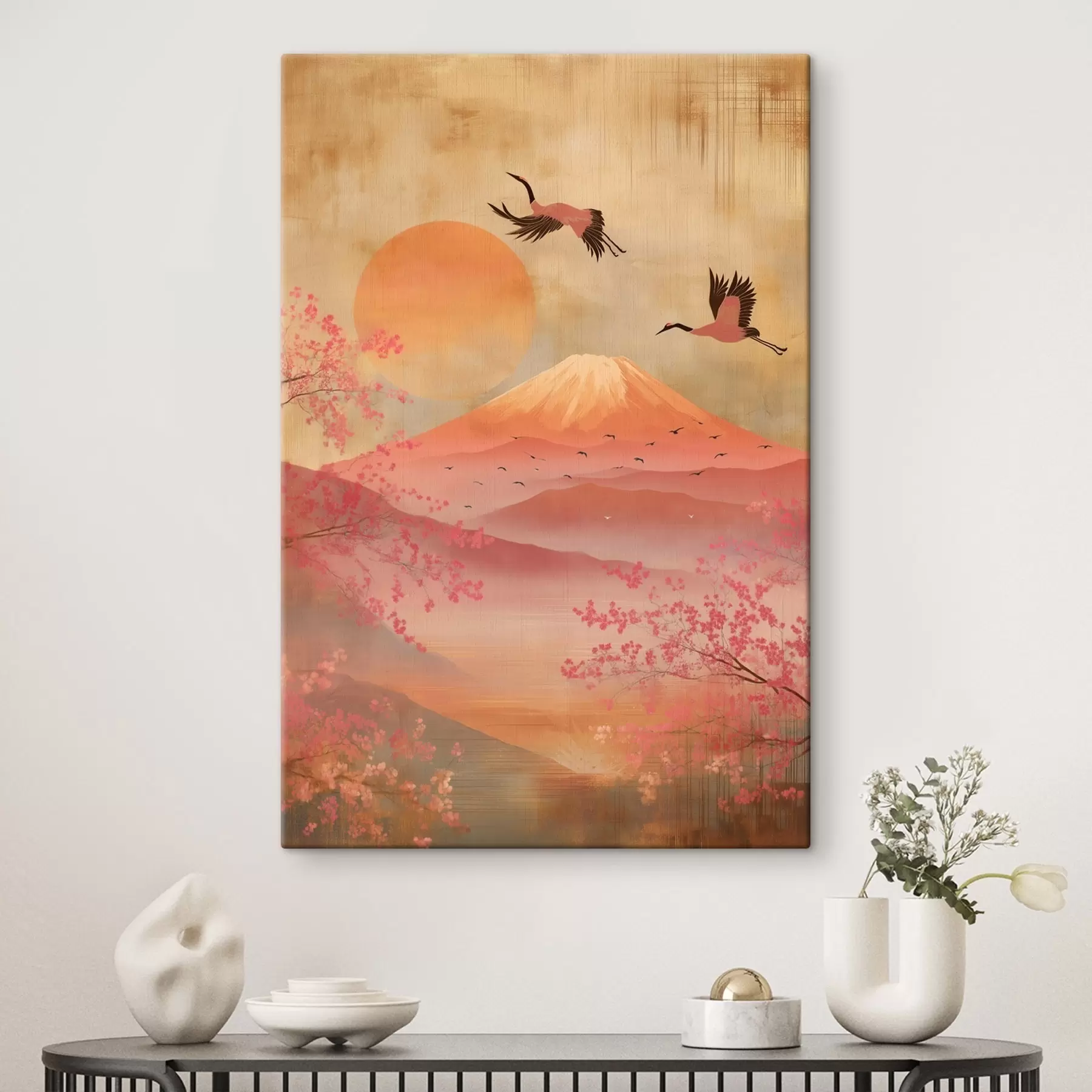 Tableau Grues contre le soleil et les montagnes : illustration dans un style artistique numérique s47992