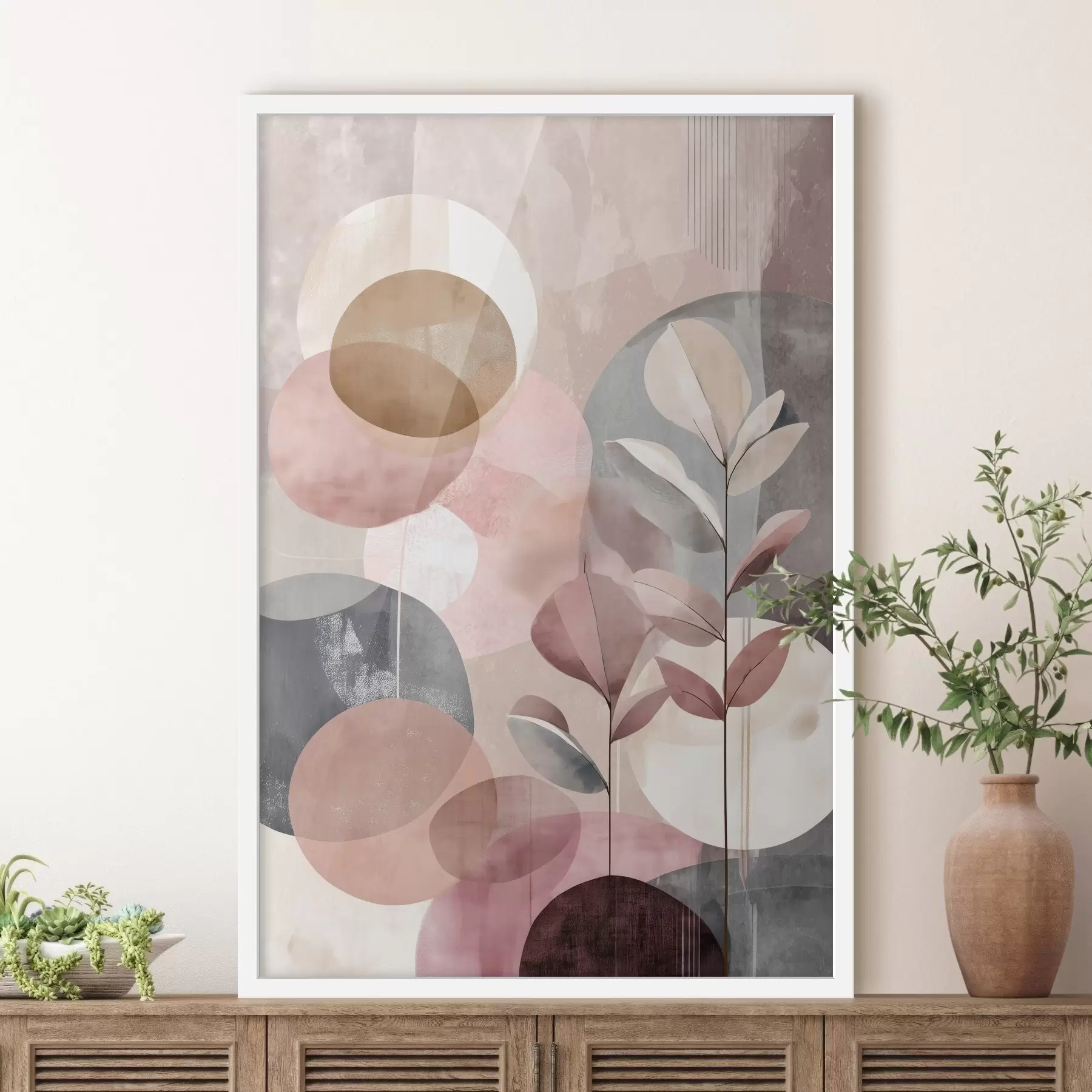 Papier peint Composition abstraite avec des cercles dans une palette de couleurs rose terre cuite f47977
