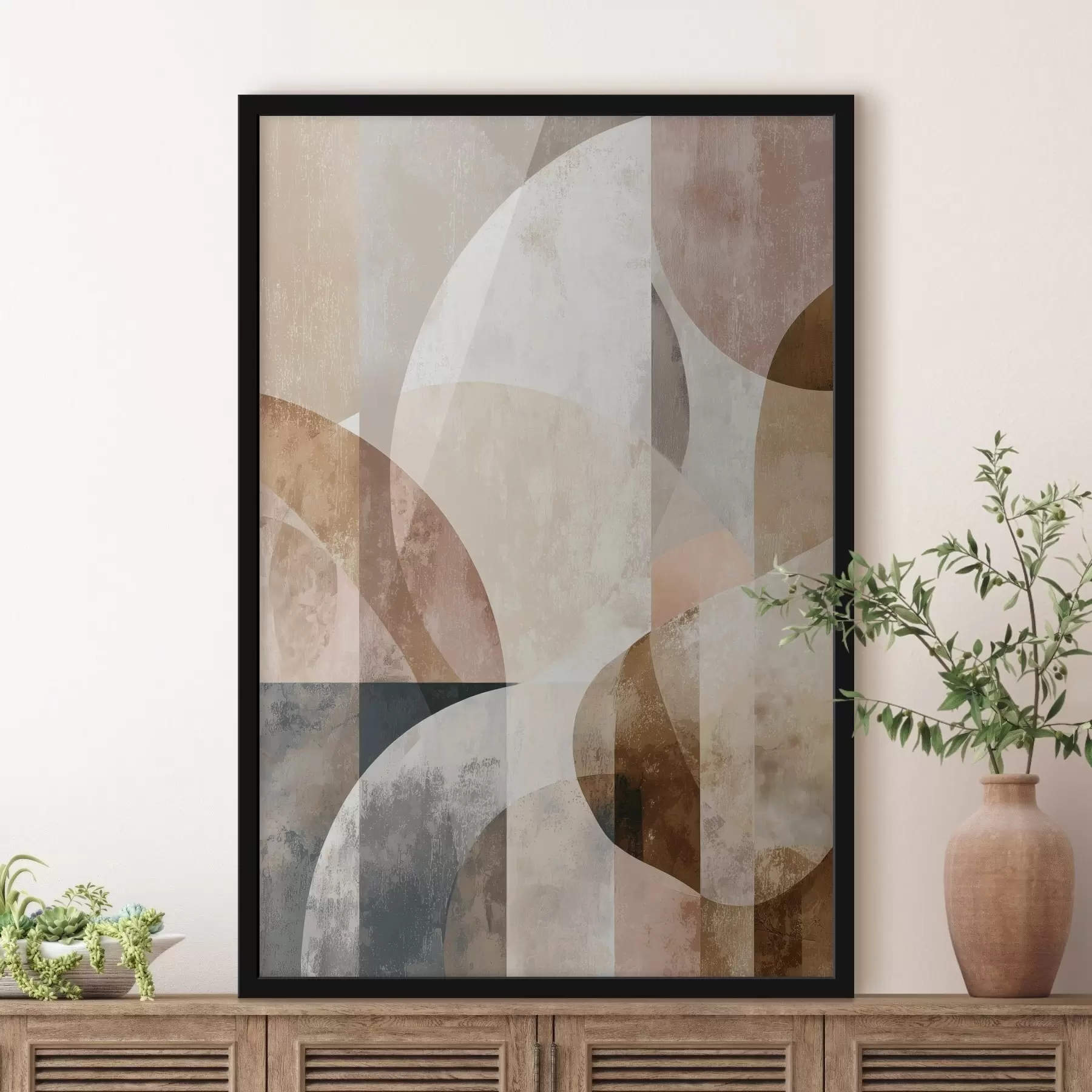 Papier peint Composition moderne avec des formes circulaires et des traits verticaux f47980