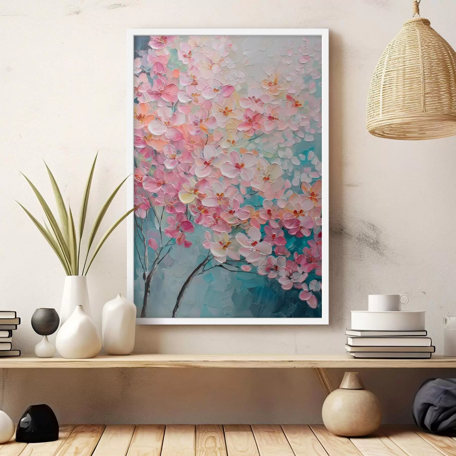 Papier peint Branche avec des fleurs roses sur fond bleu dans un style peinture à l'huile f47987