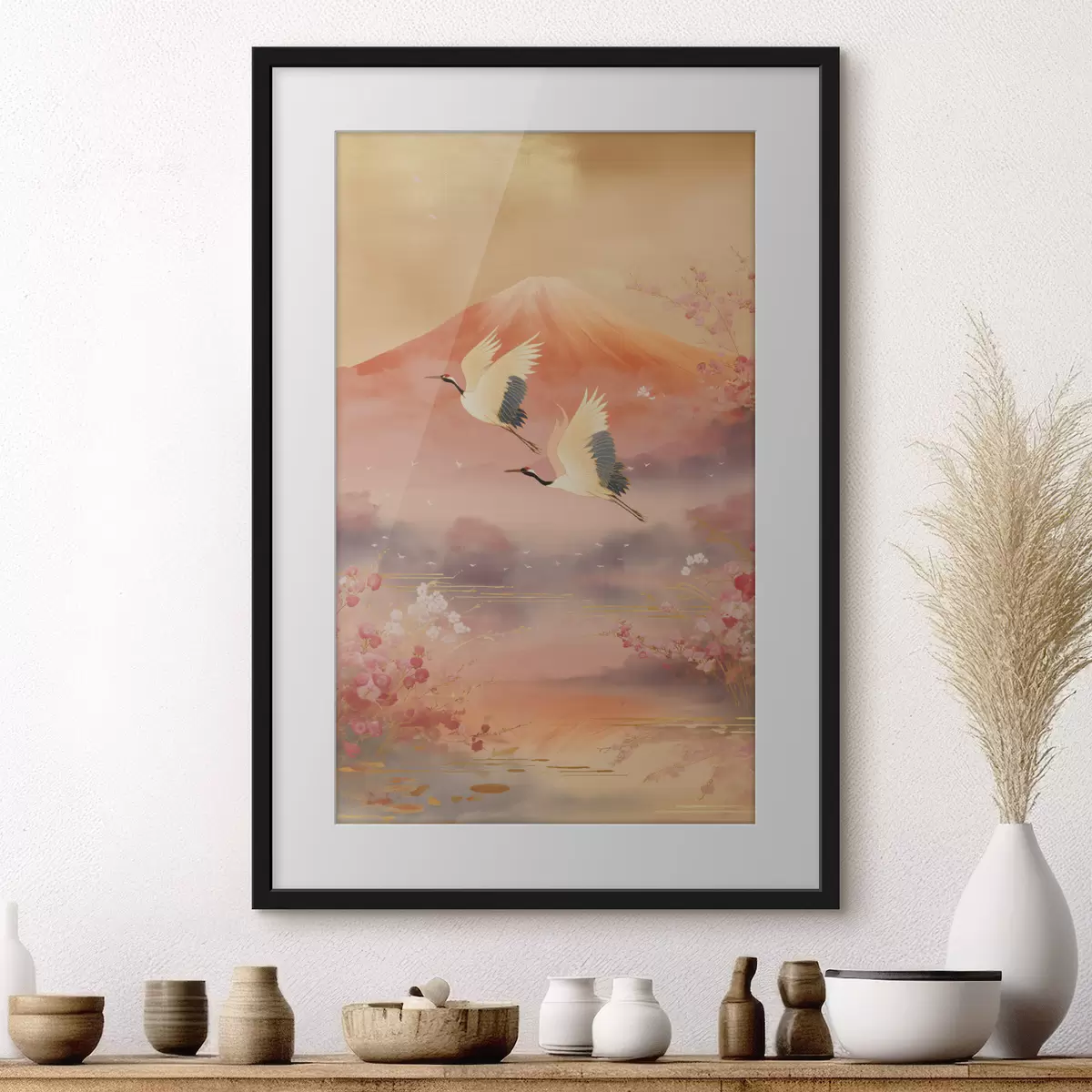 Poster Motif oriental traditionnel avec fleurs de cerisier et grues f47991