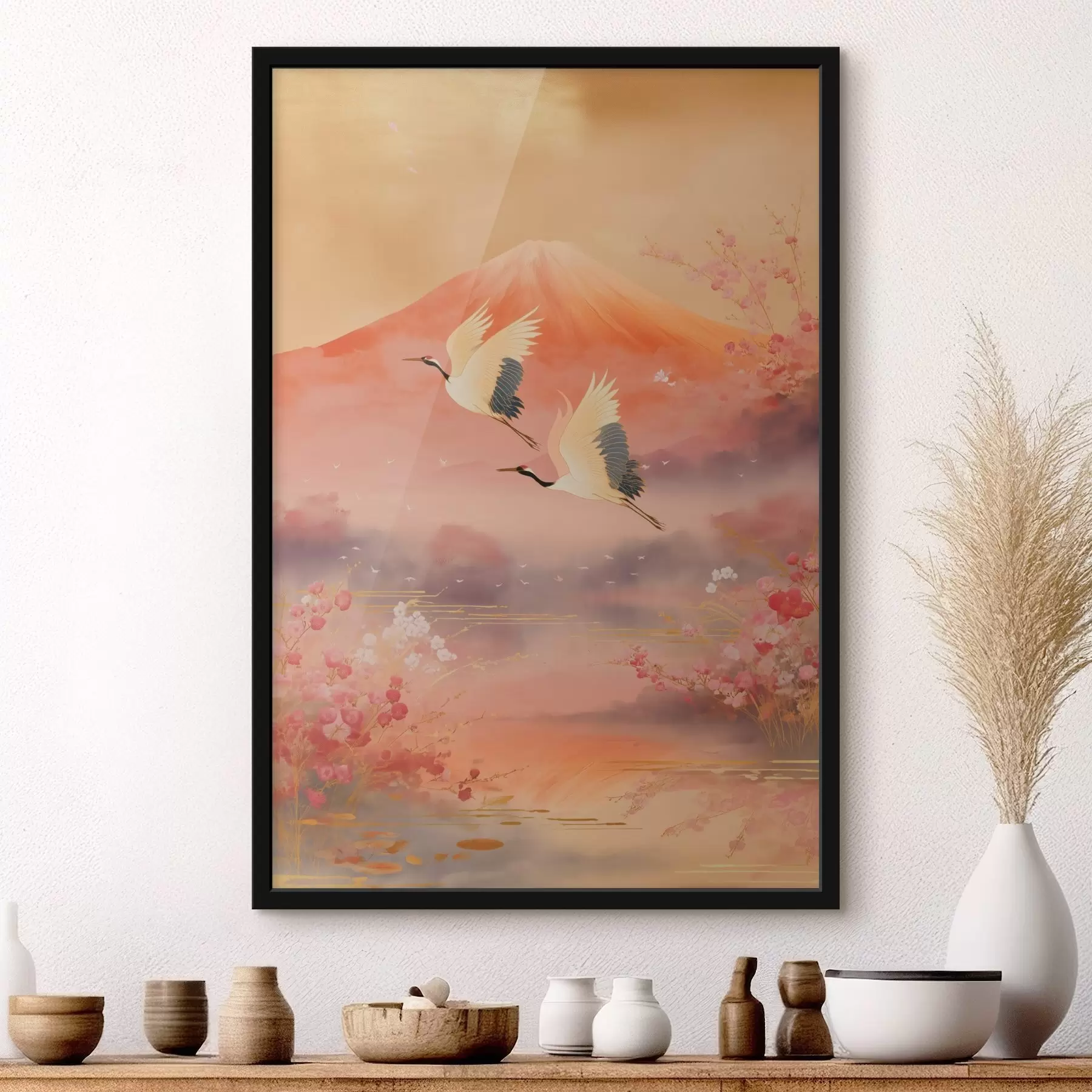 Papier peint Motif oriental traditionnel avec fleurs de cerisier et grues f47991