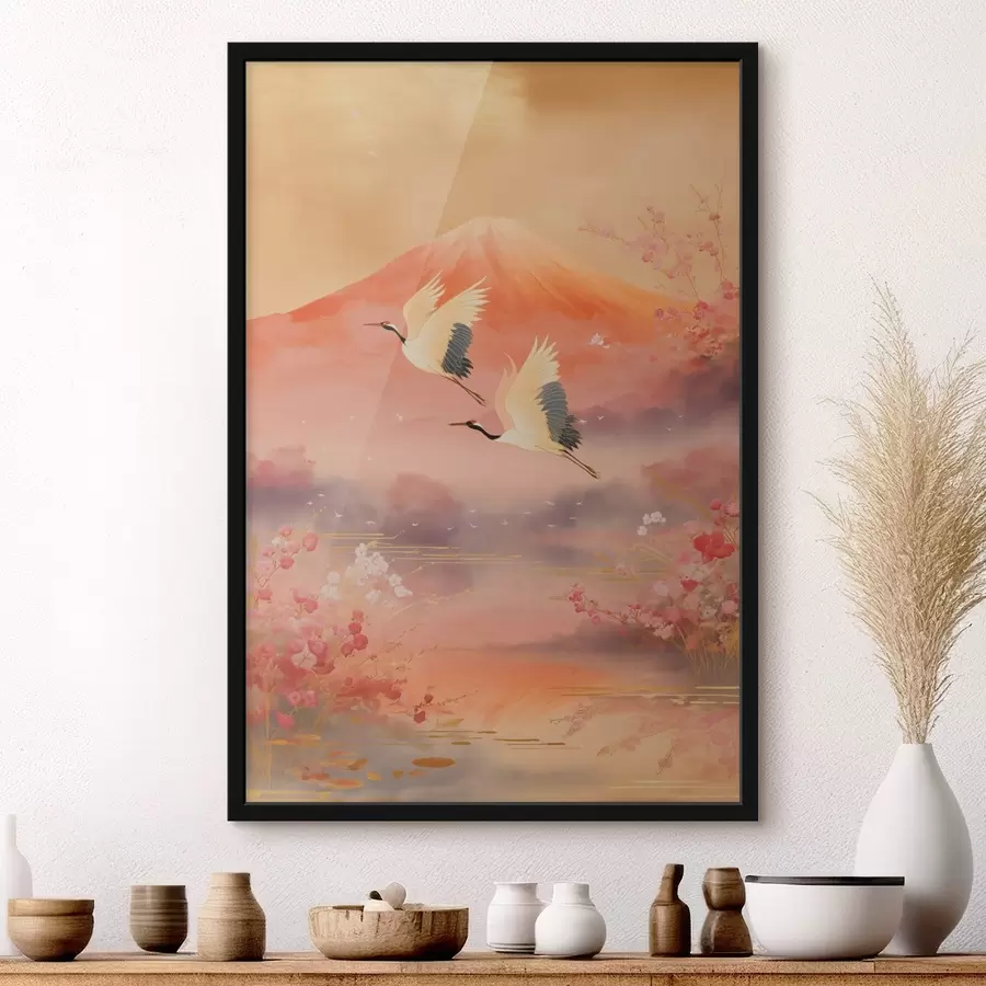 Papier peint Motif oriental traditionnel avec fleurs de cerisier et grues f47991