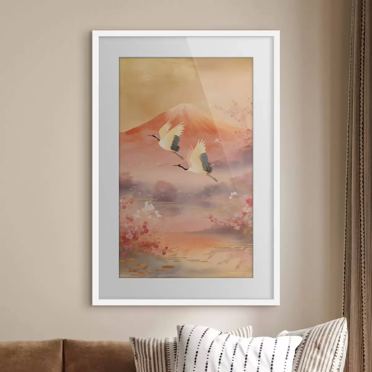 Poster Motif oriental traditionnel avec fleurs de cerisier et grues f47991