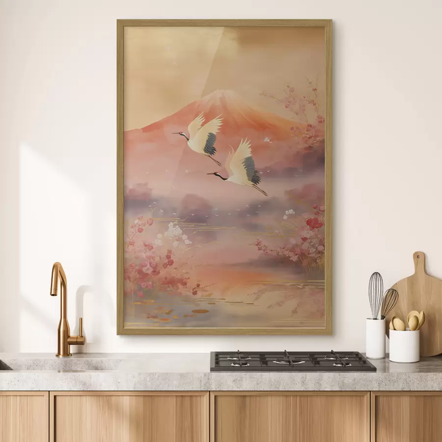 Papier peint Motif oriental traditionnel avec fleurs de cerisier et grues f47991