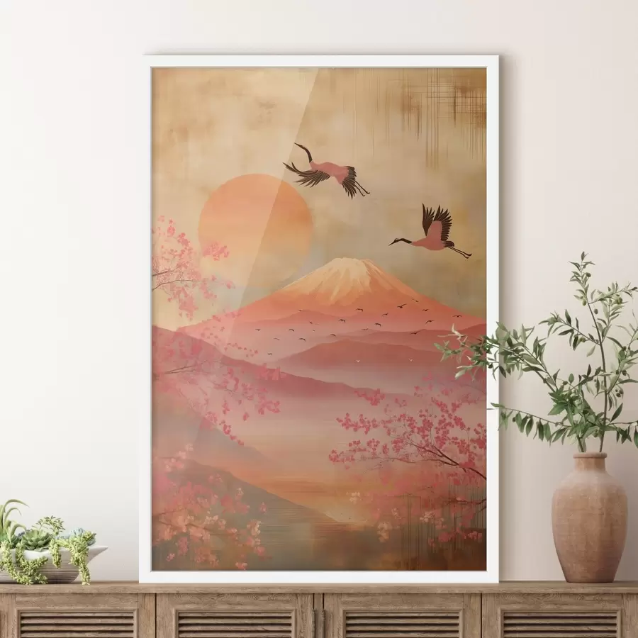 Papier peint Grues contre le soleil et les montagnes : illustration dans un style artistique numérique f47992