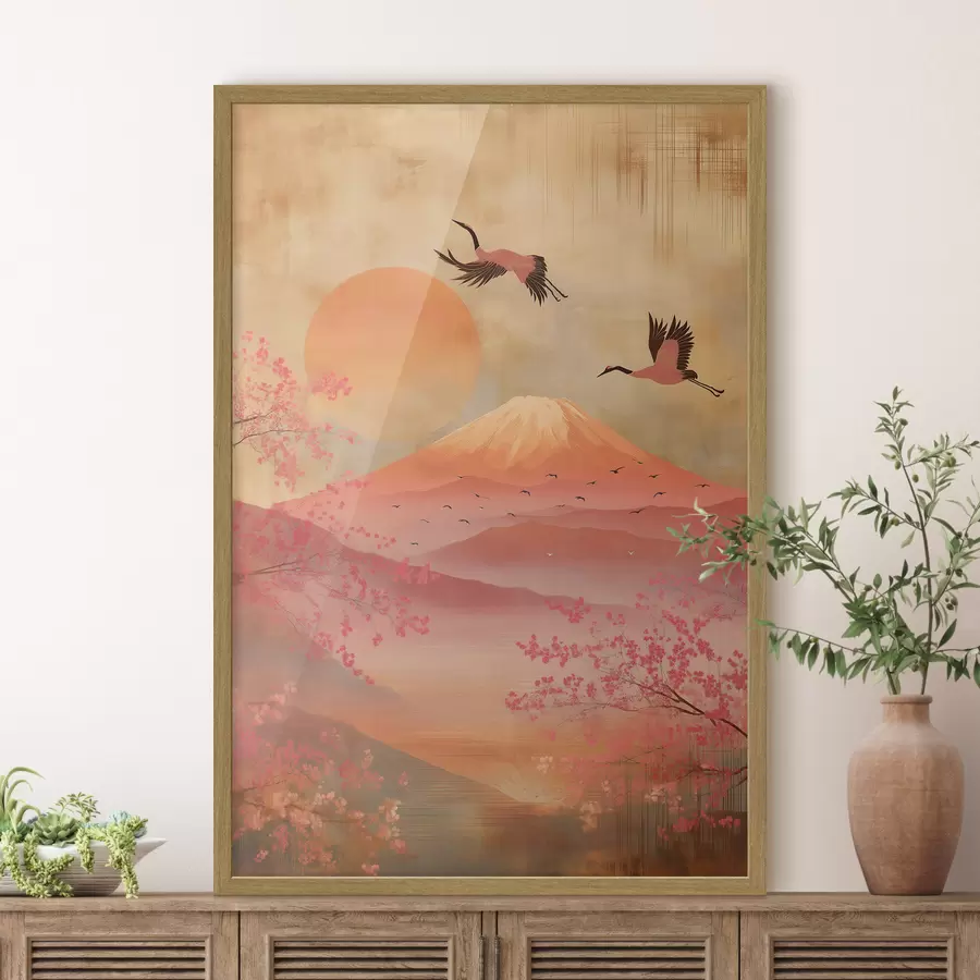 Papier peint Grues contre le soleil et les montagnes : illustration dans un style artistique numérique f47992