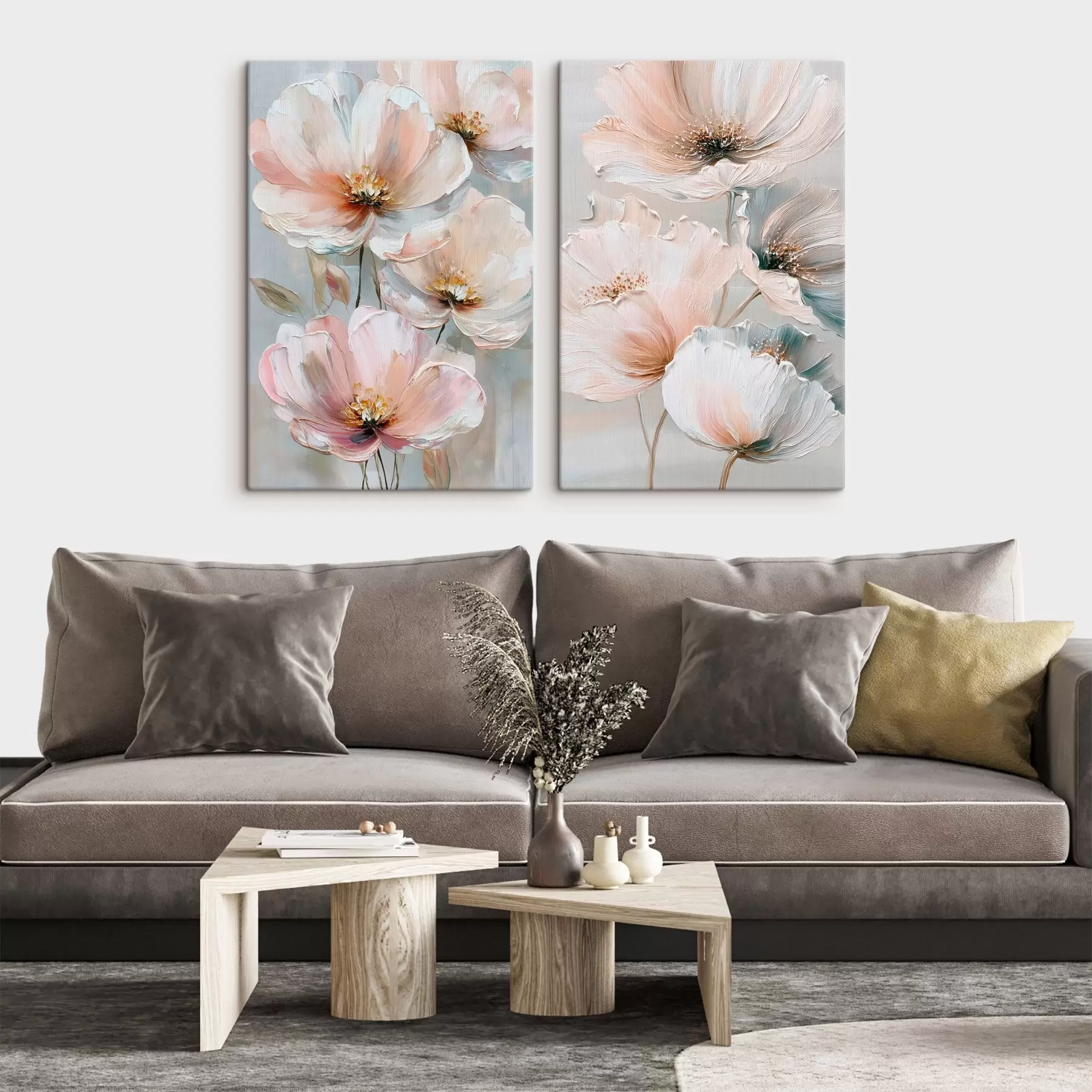 Tableau Diptyque floral dans une palette beige-corail dans un style peinture à l'huile m30029