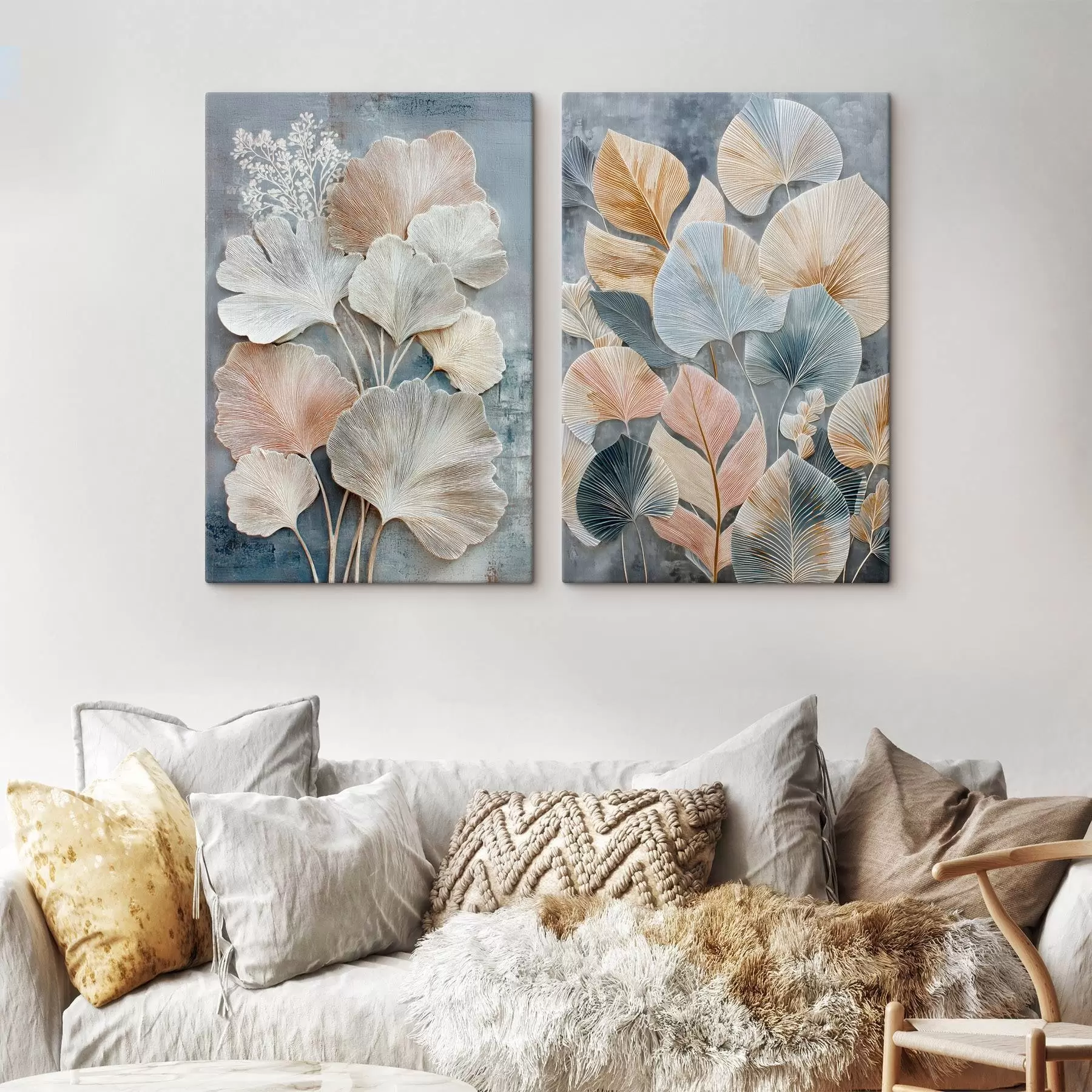 Tableau Composition abstraite avec feuillage décoratif dans une palette gris-beige m30030