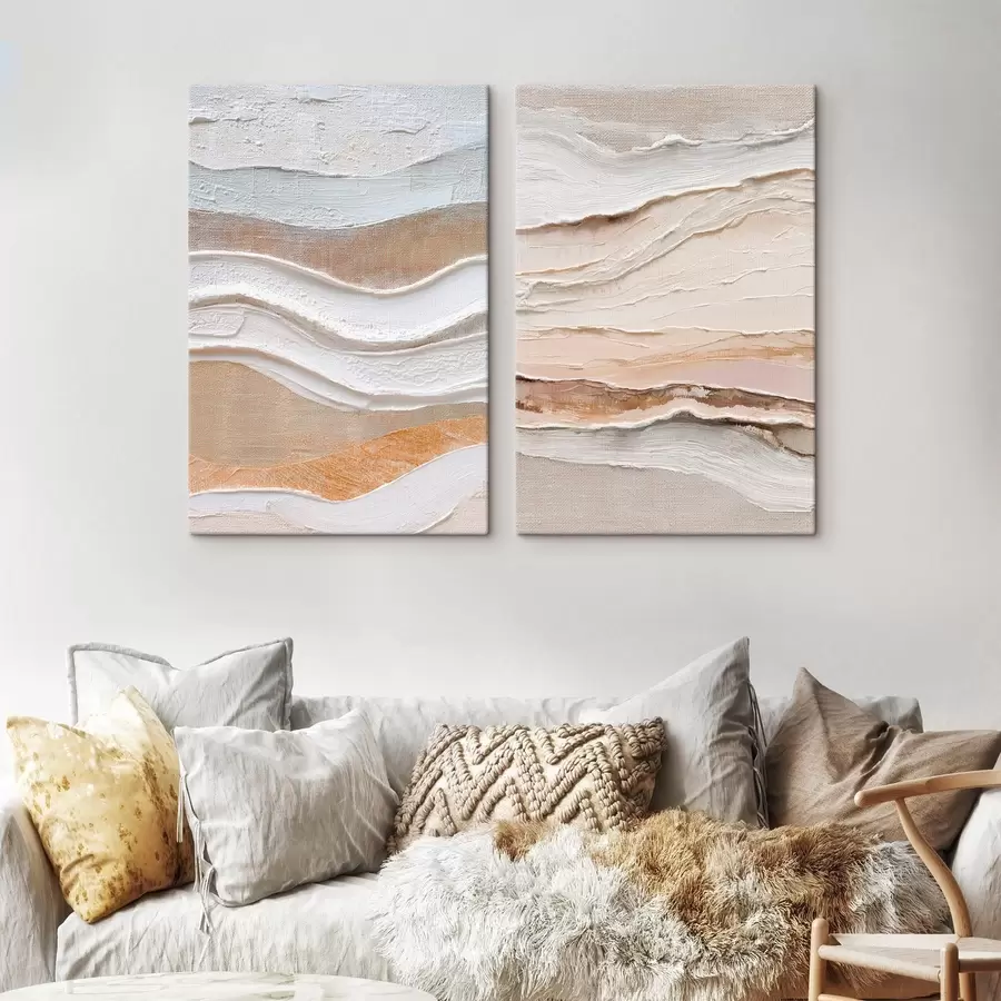 Tableau Diptyque minimaliste avec des vagues texturées sur fond de lin m30031