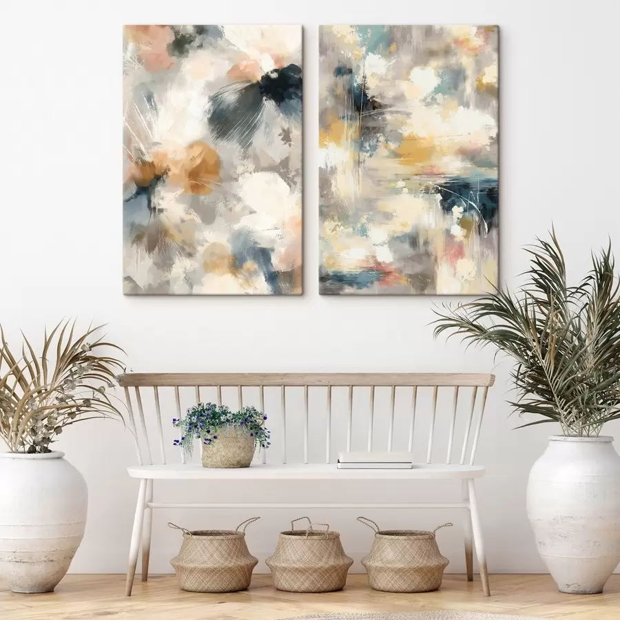 Tableau Diptyque avec des formes florales floues dans un style artistique contemporain m30033
