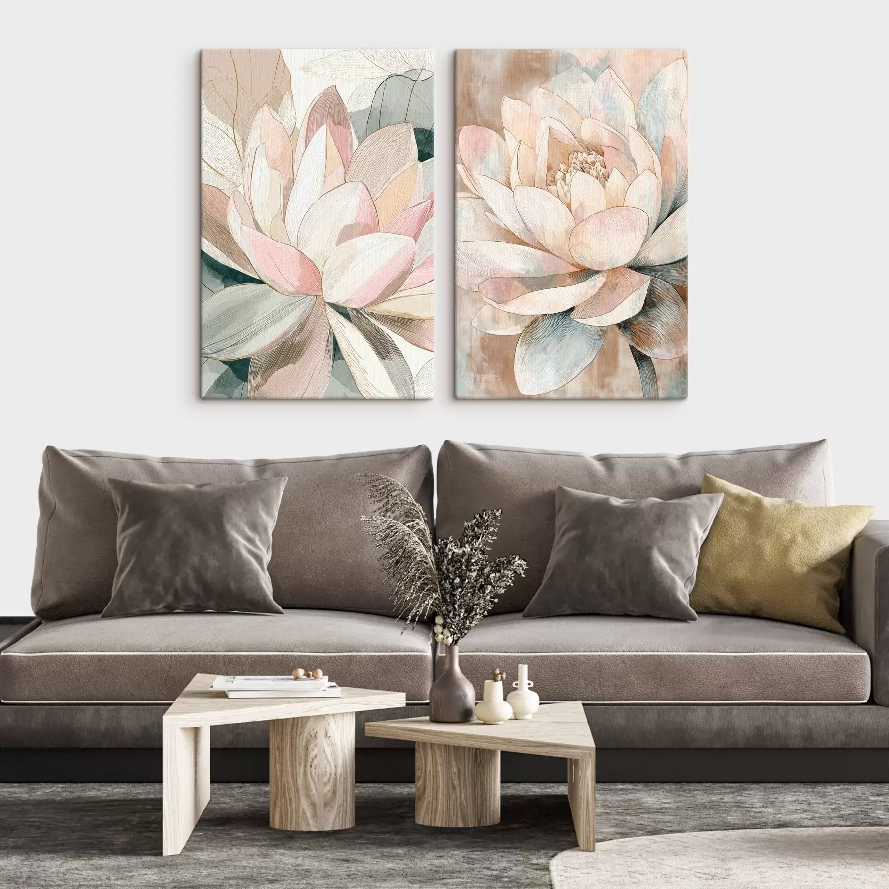 Tableau Composition florale avec de grands lotus dans une palette pastel-corail m30034