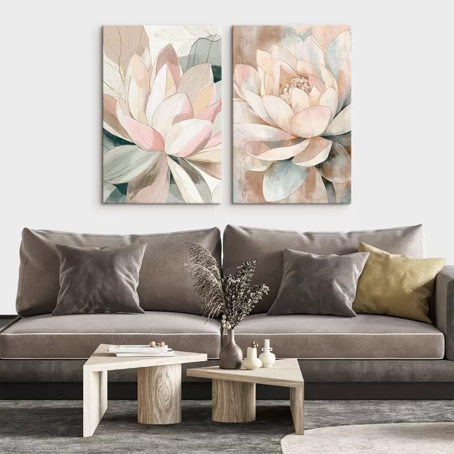 Tableau Composition florale avec de grands lotus dans une palette pastel-corail m30034
