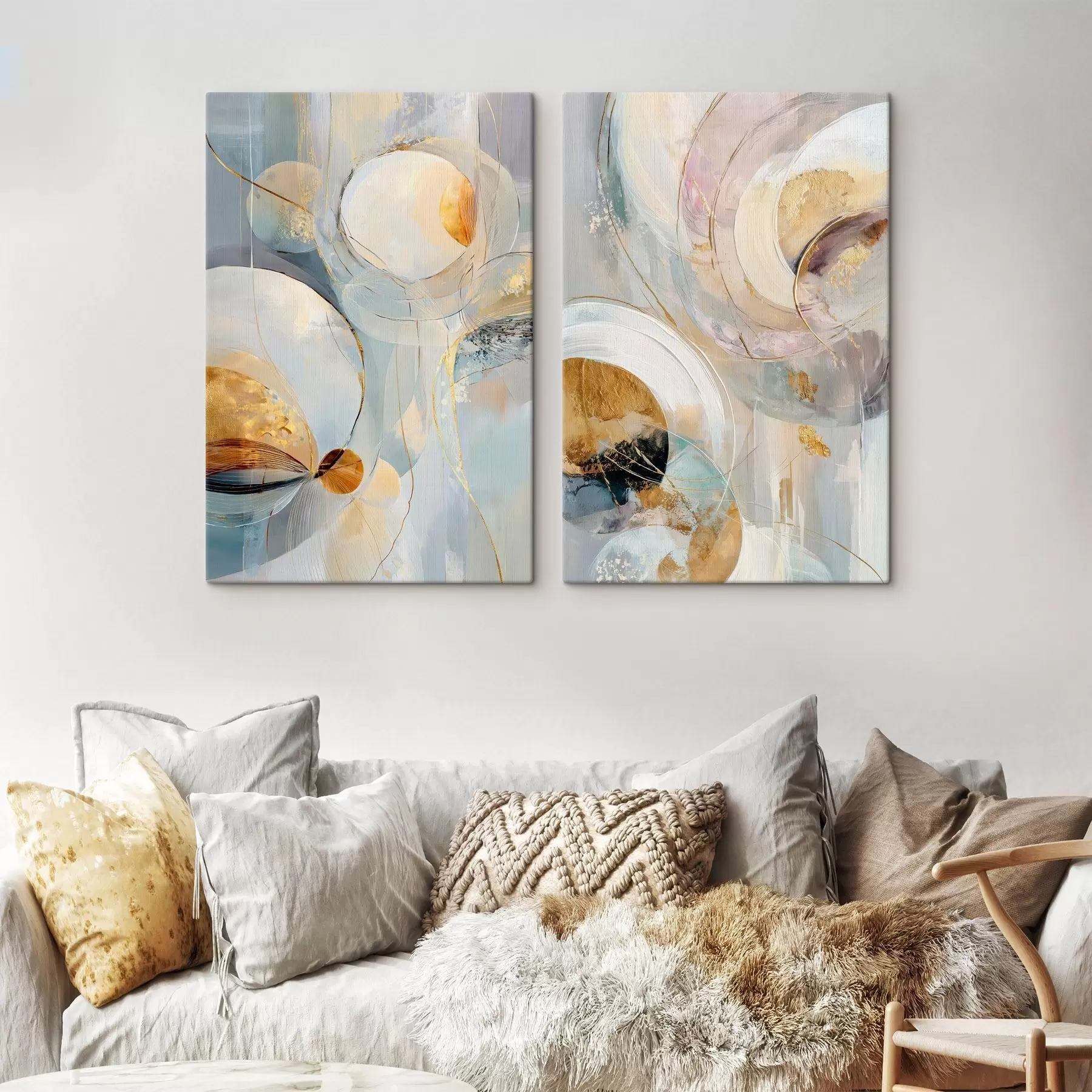 Tableau Diptyque artistique avec des cercles translucides et des coups de pinceau expressifs m30038