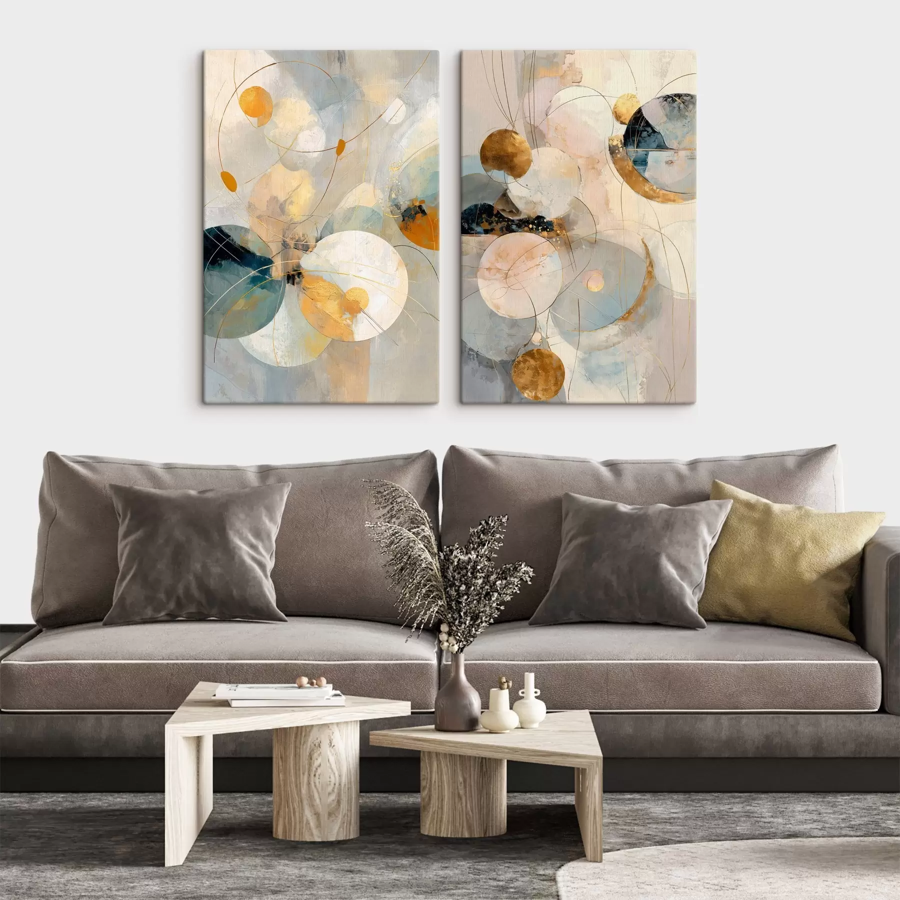 Tableau Art décoratif dans des tons bleu-crème avec un effet de lumière douce m30039