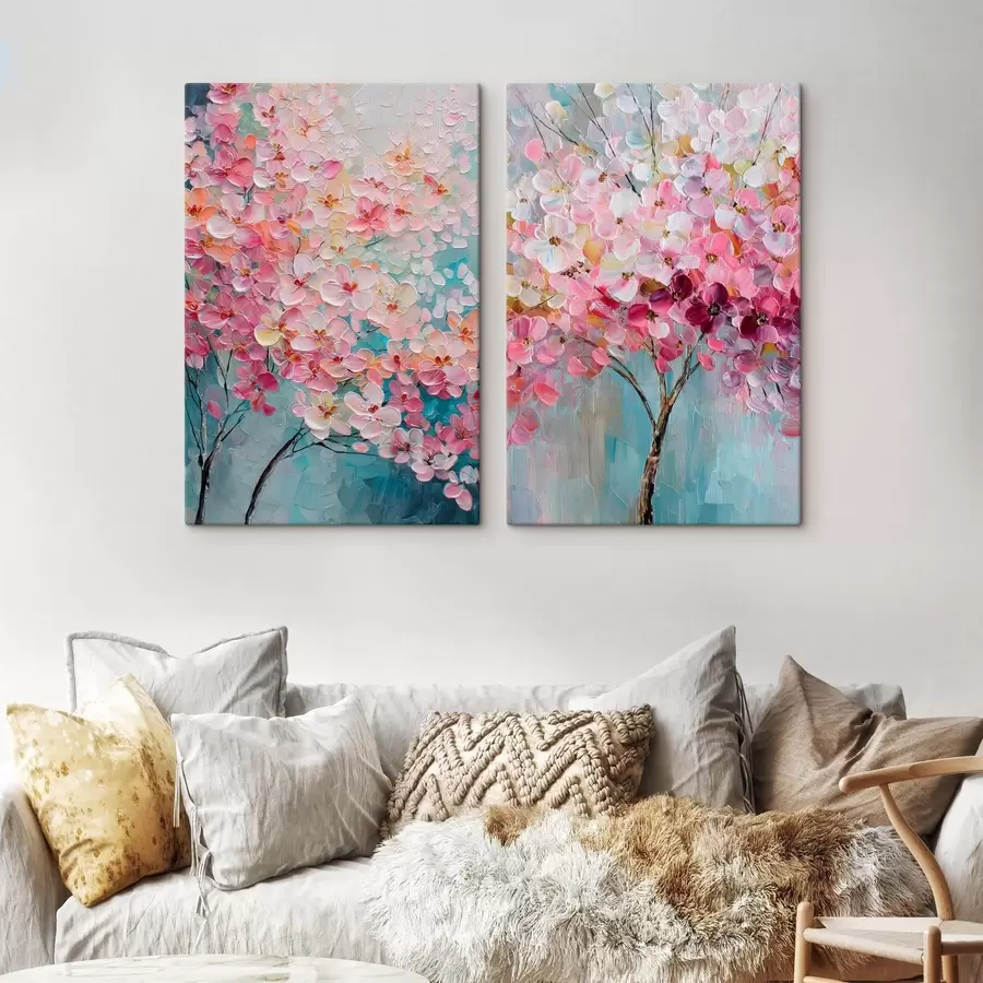 Tableau Arbre en fleurs roses dans un style peinture à l'huile m30040