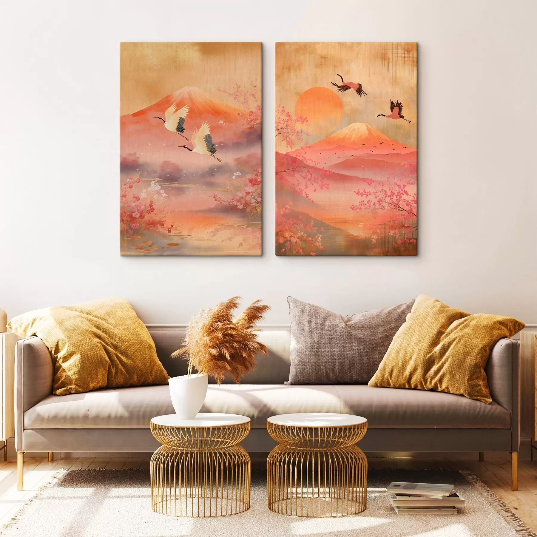 Tableau Paysage japonais avec des grues et le mont Fuji dans un style d'illustration classique m30042