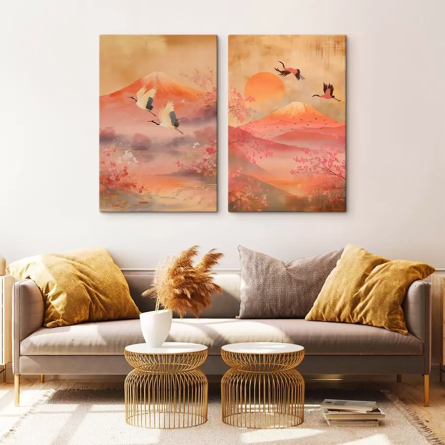 Papier peint Paysage japonais avec des grues et le mont Fuji dans un style d'illustration classique m30042