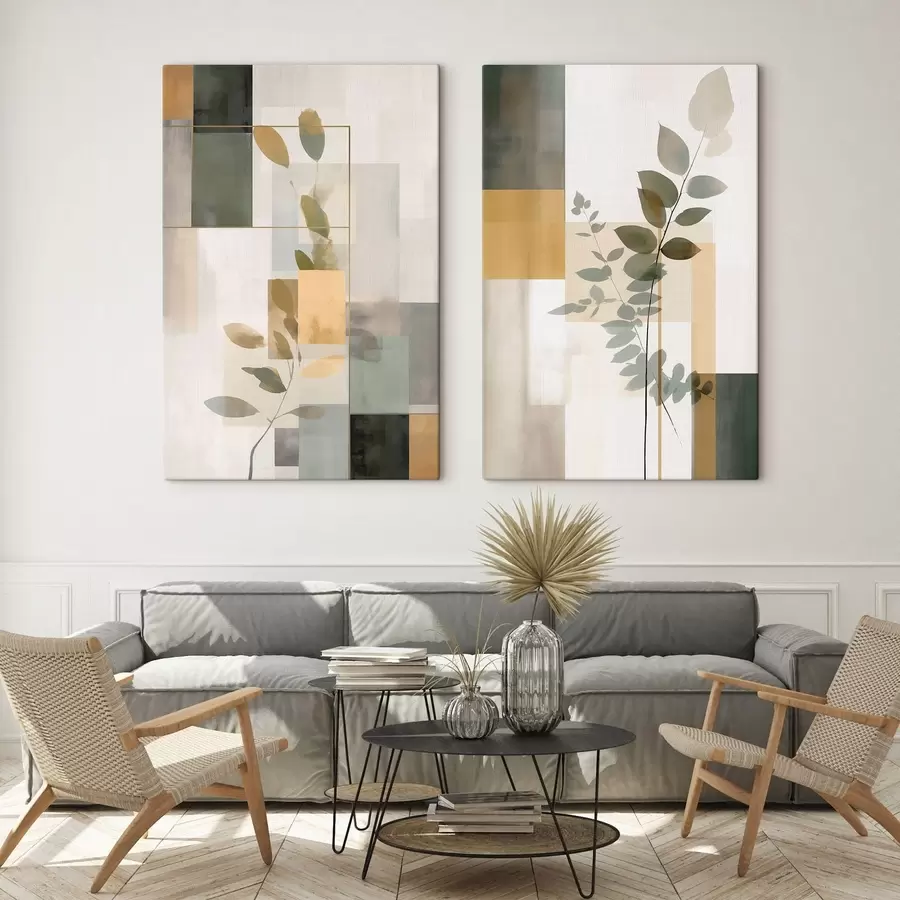 Tableau Abstraction géométrique avec des branches de feuilles m30128