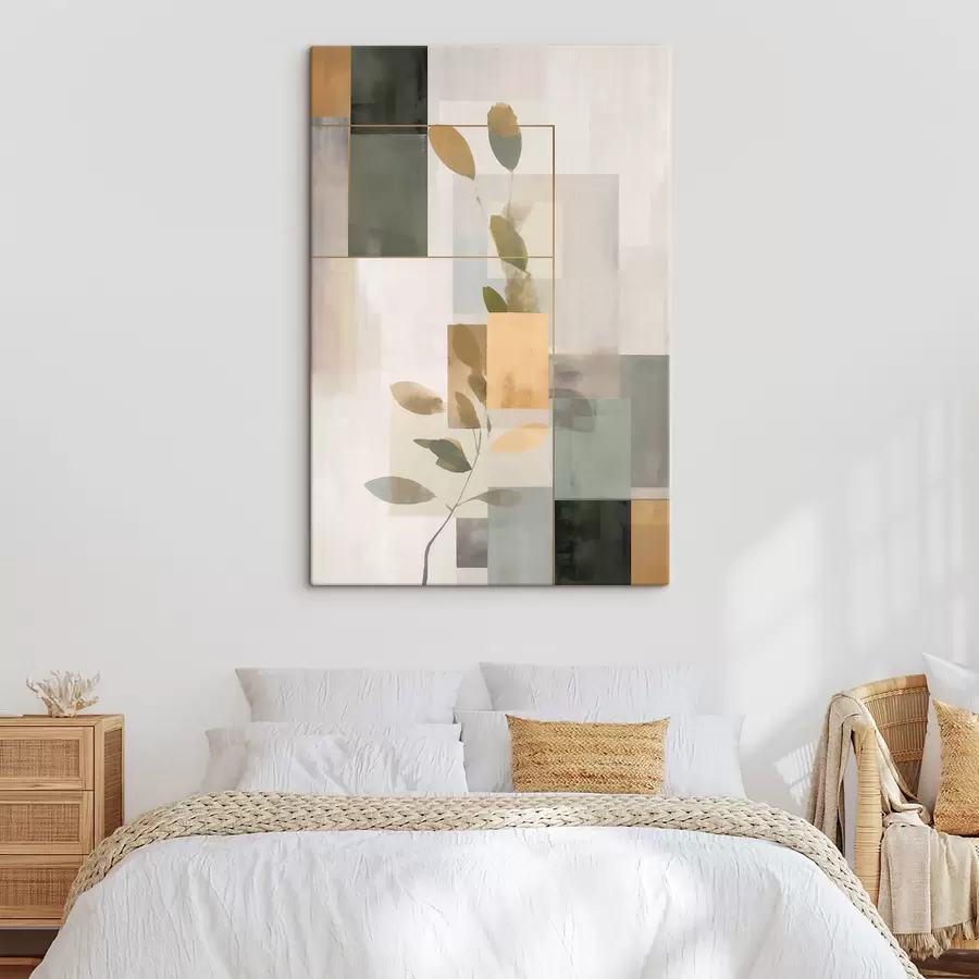 Tableau Abstraction géométrique avec des branches de feuilles s48020