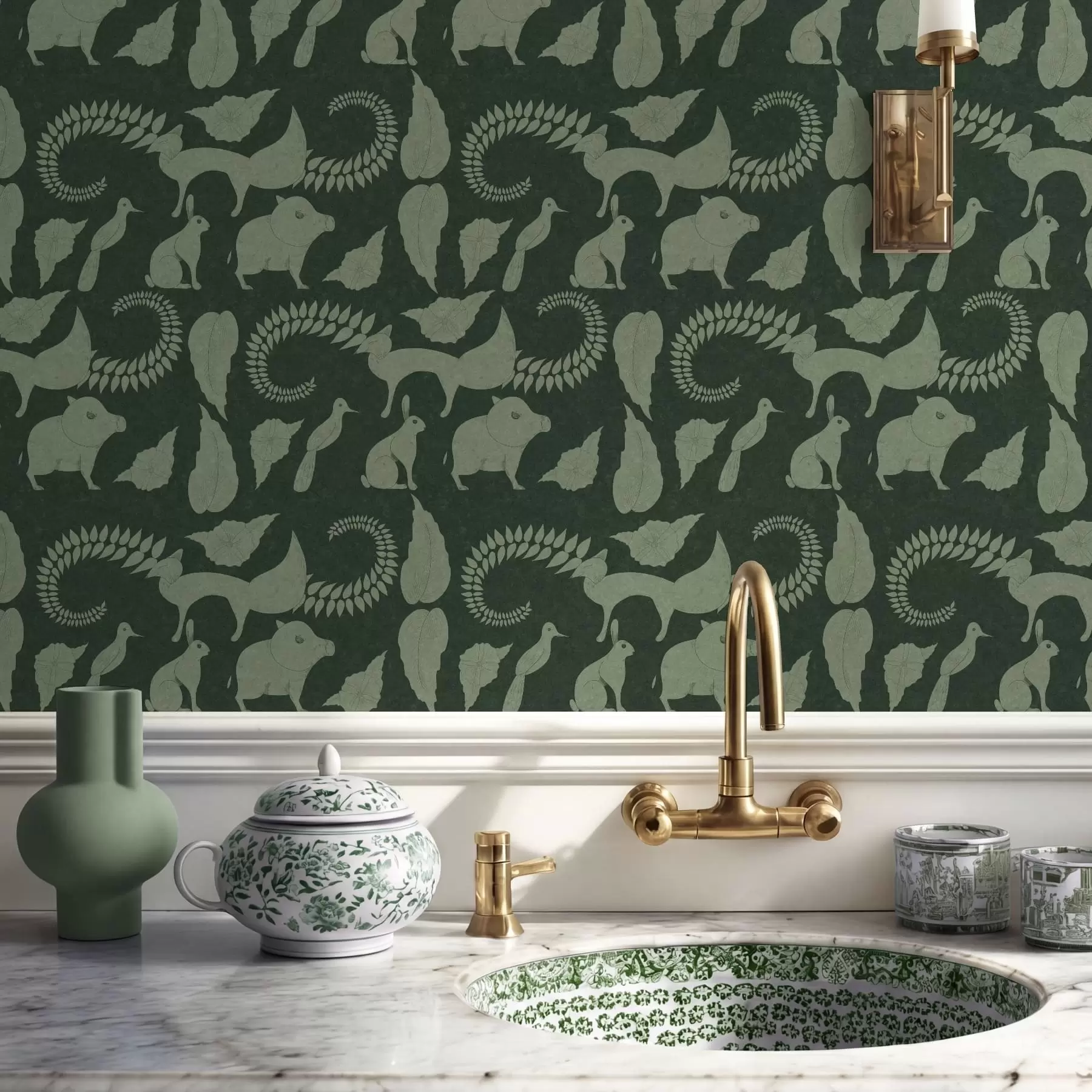 Papier peint Motif forestier avec des animaux sur fond vert a01121v1
